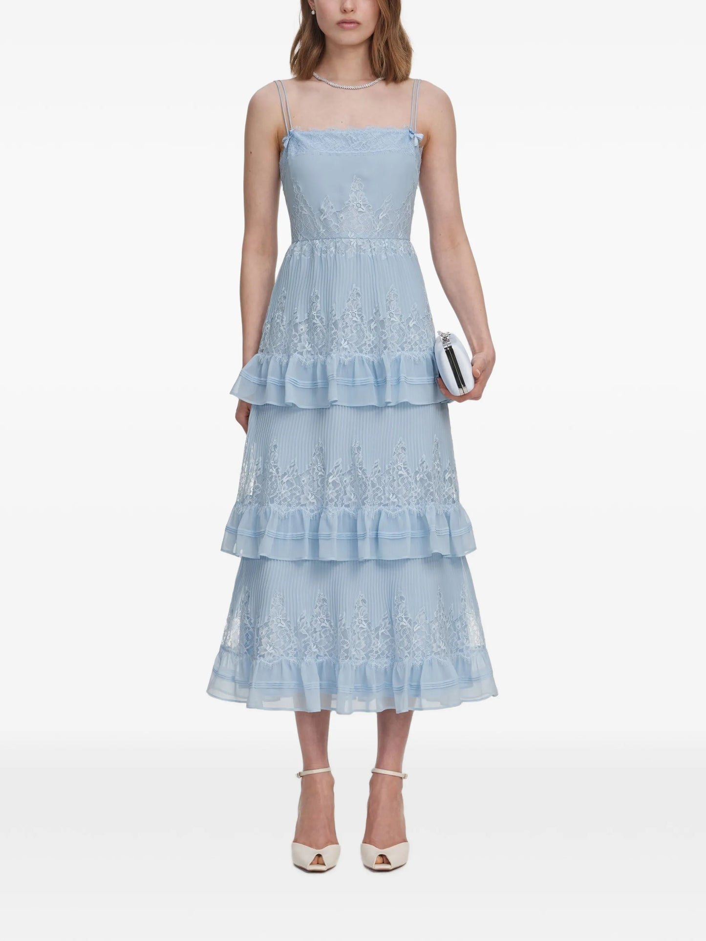 lace-trimmed tiered midi dress