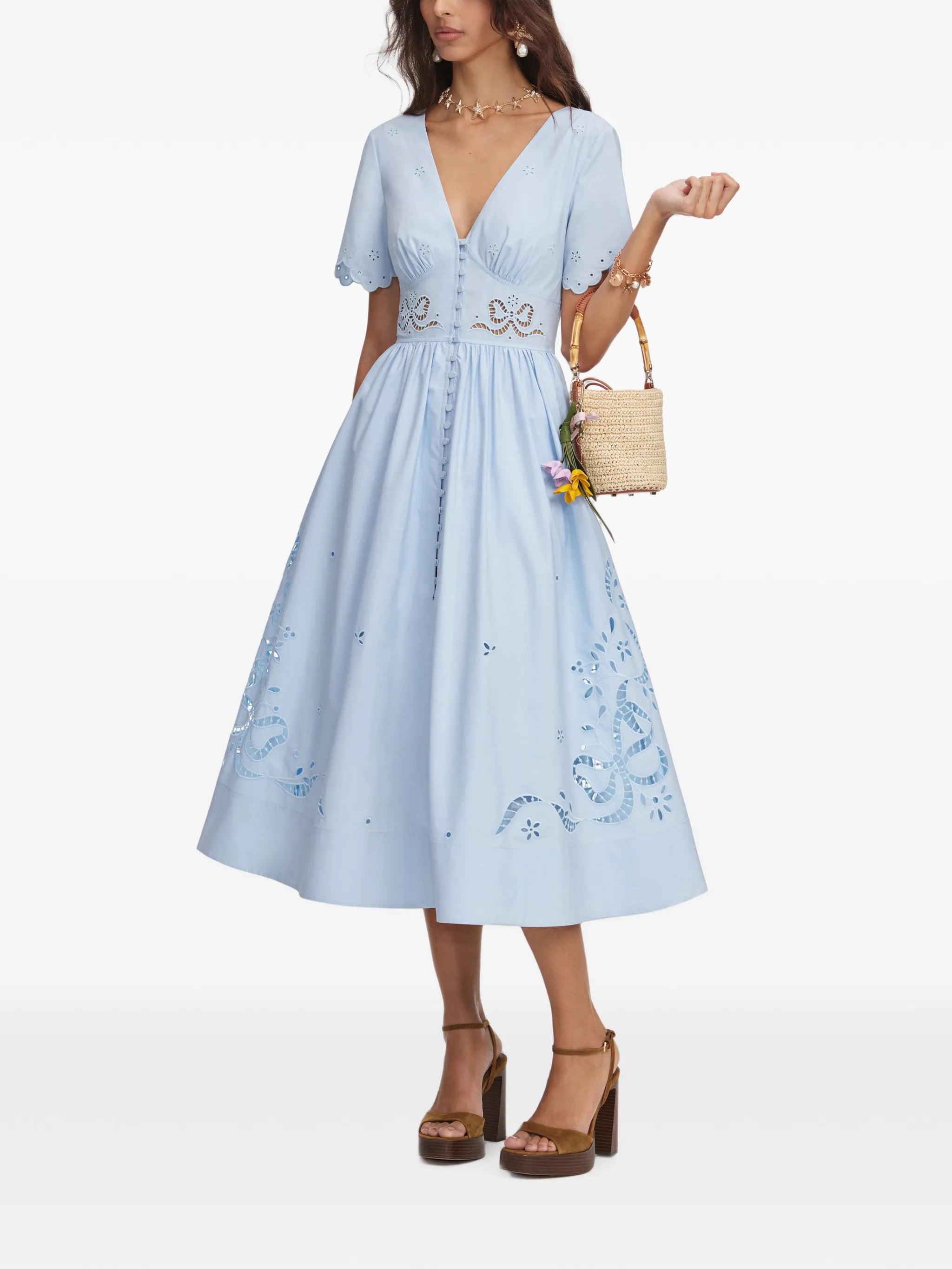 blue cotton embroidered midi dress