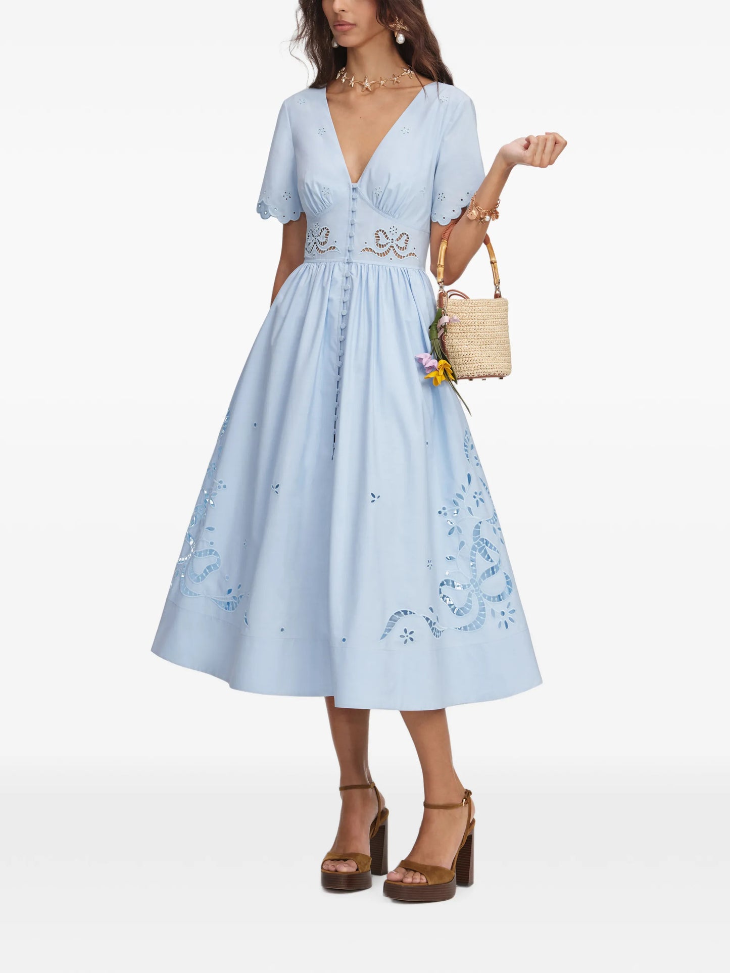 blue cotton embroidered midi dress