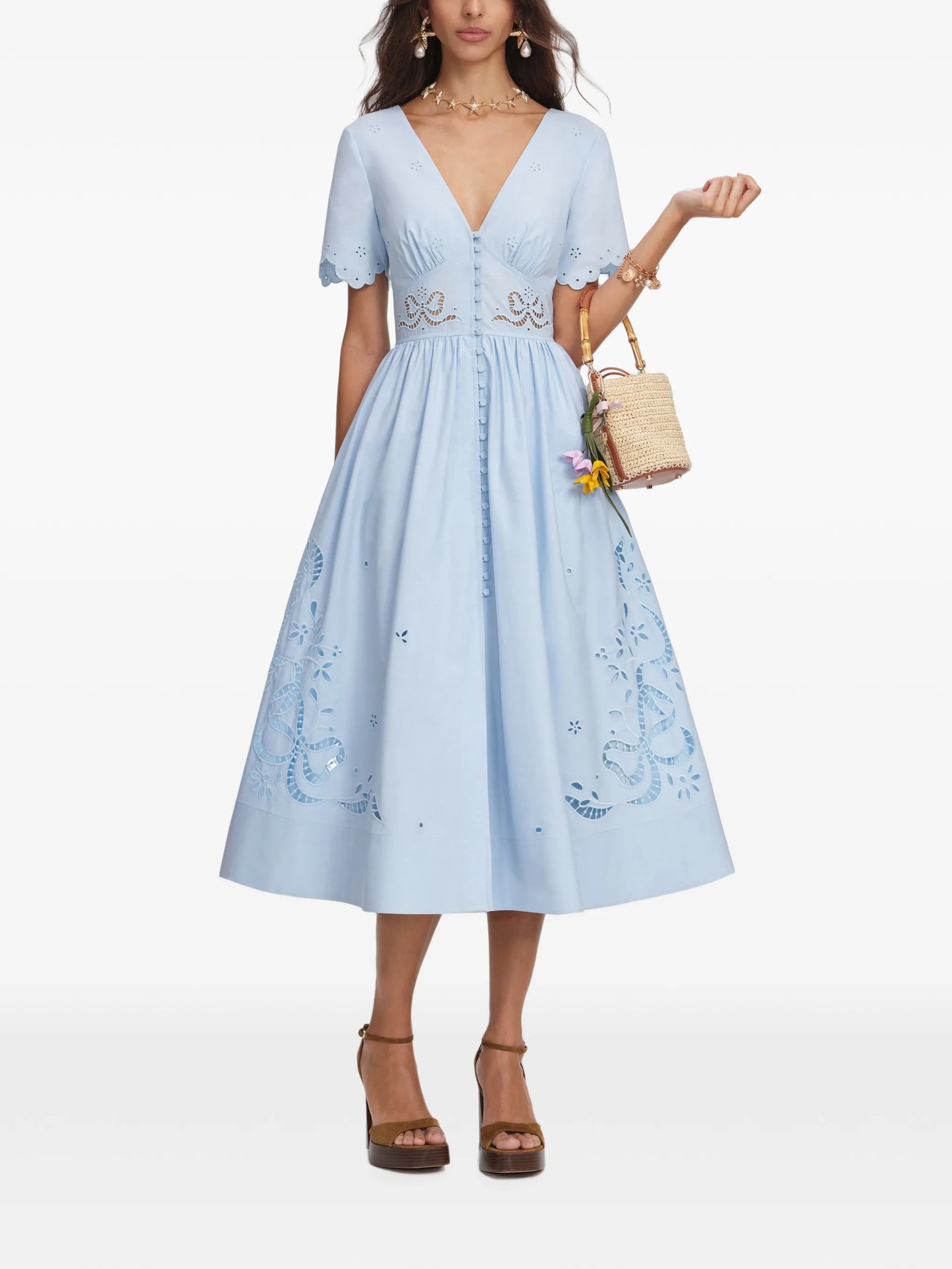 blue cotton embroidered midi dress