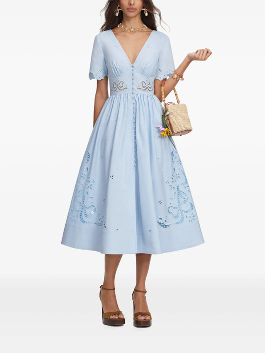blue cotton embroidered midi dress