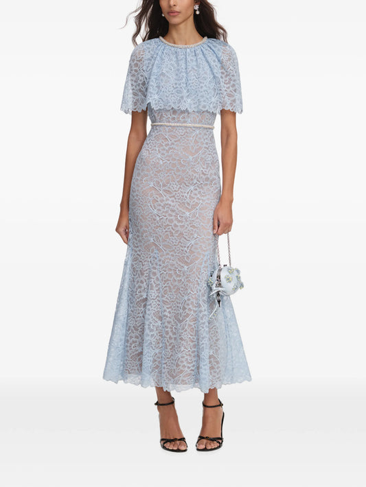 blue lace cape midi dress