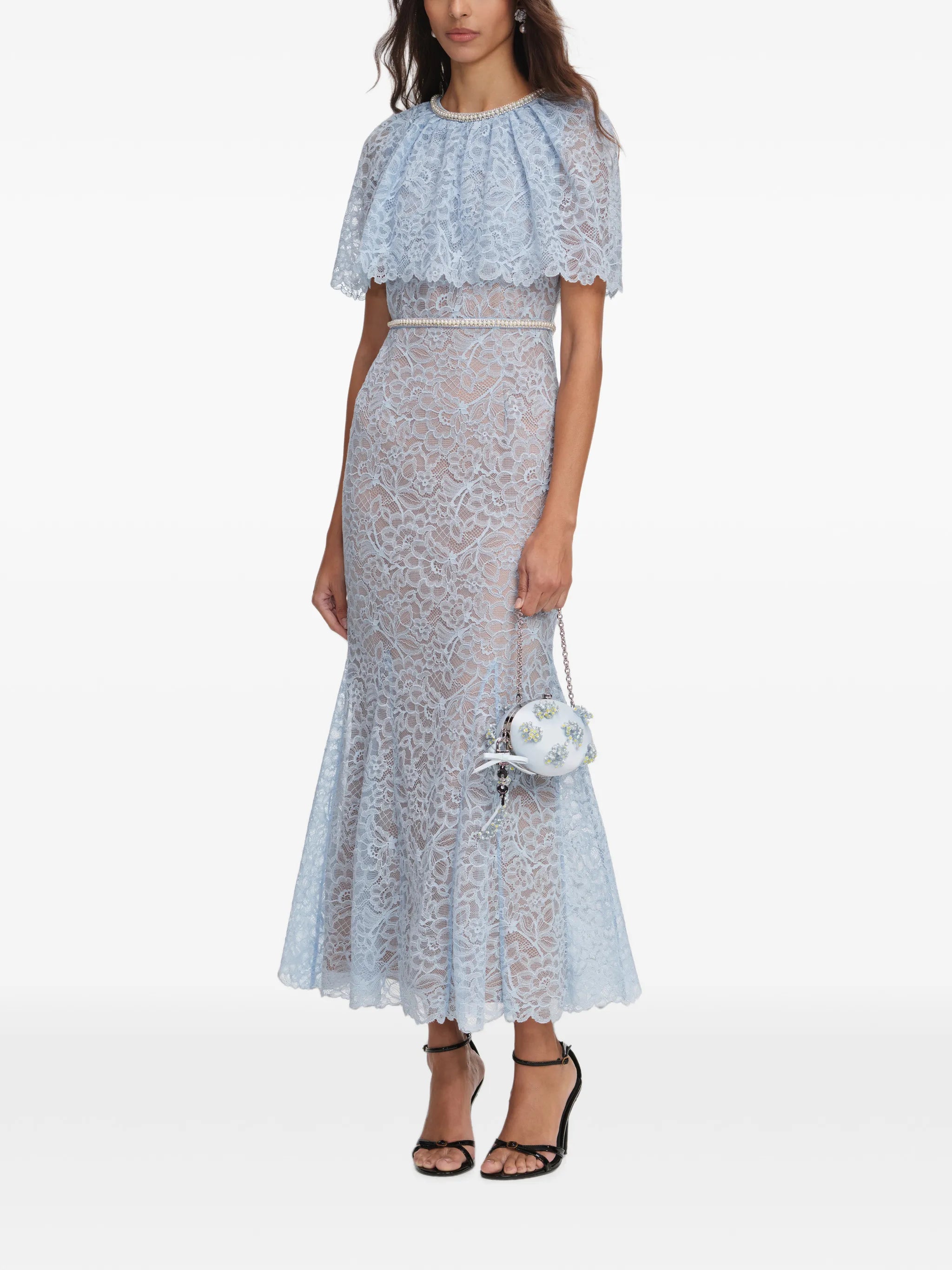 blue lace cape midi dress