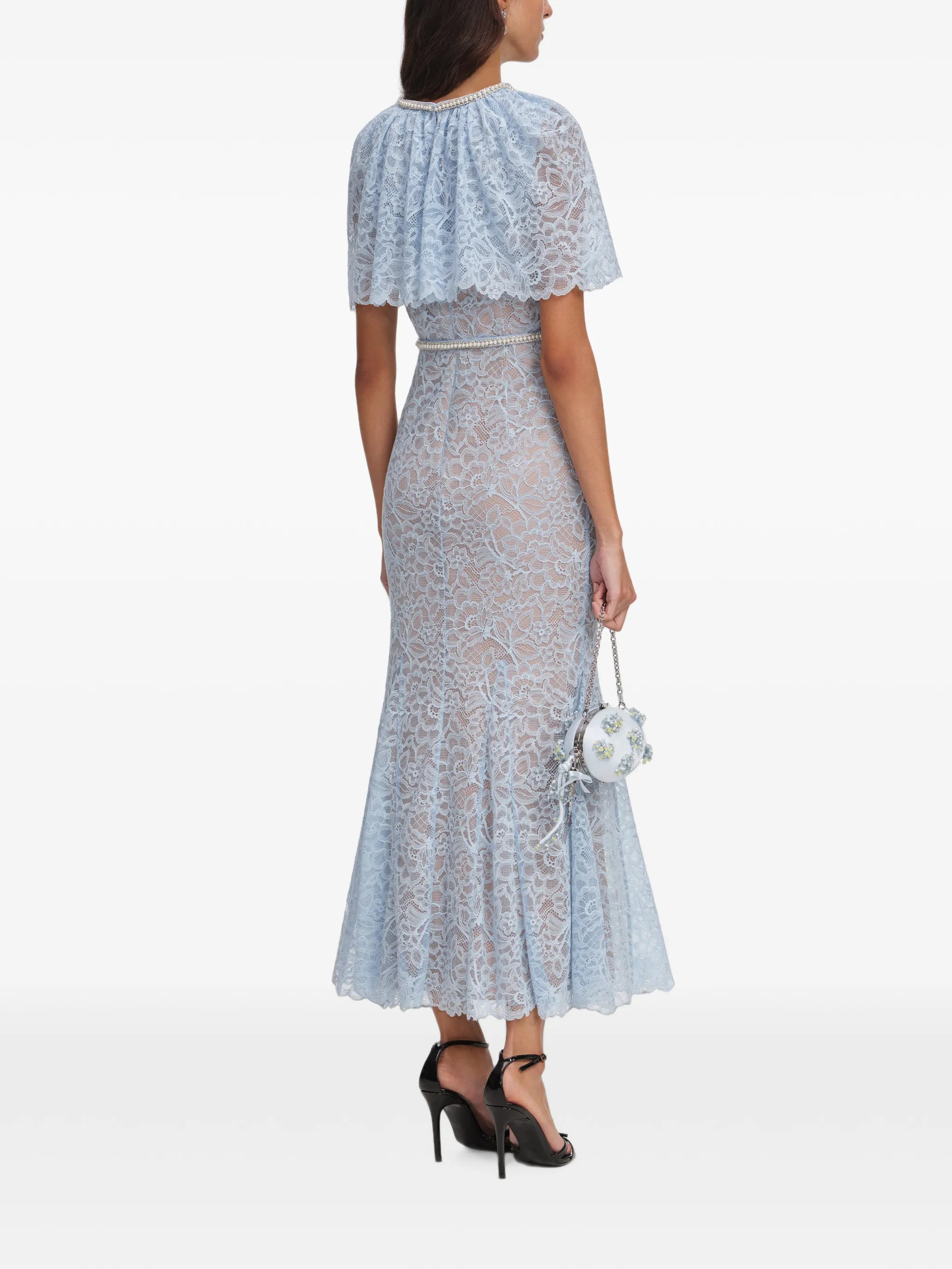 blue lace cape midi dress