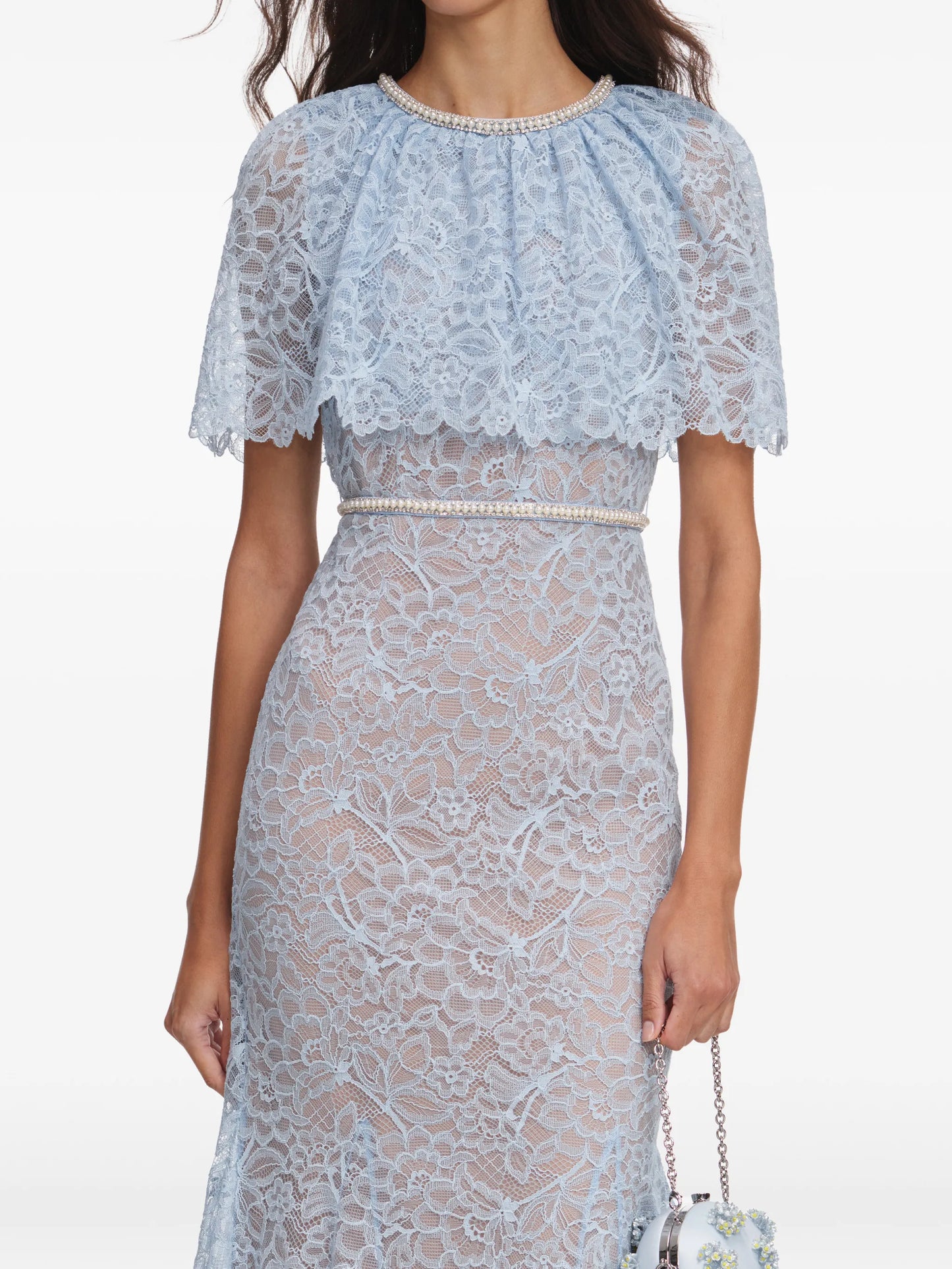 blue lace cape midi dress