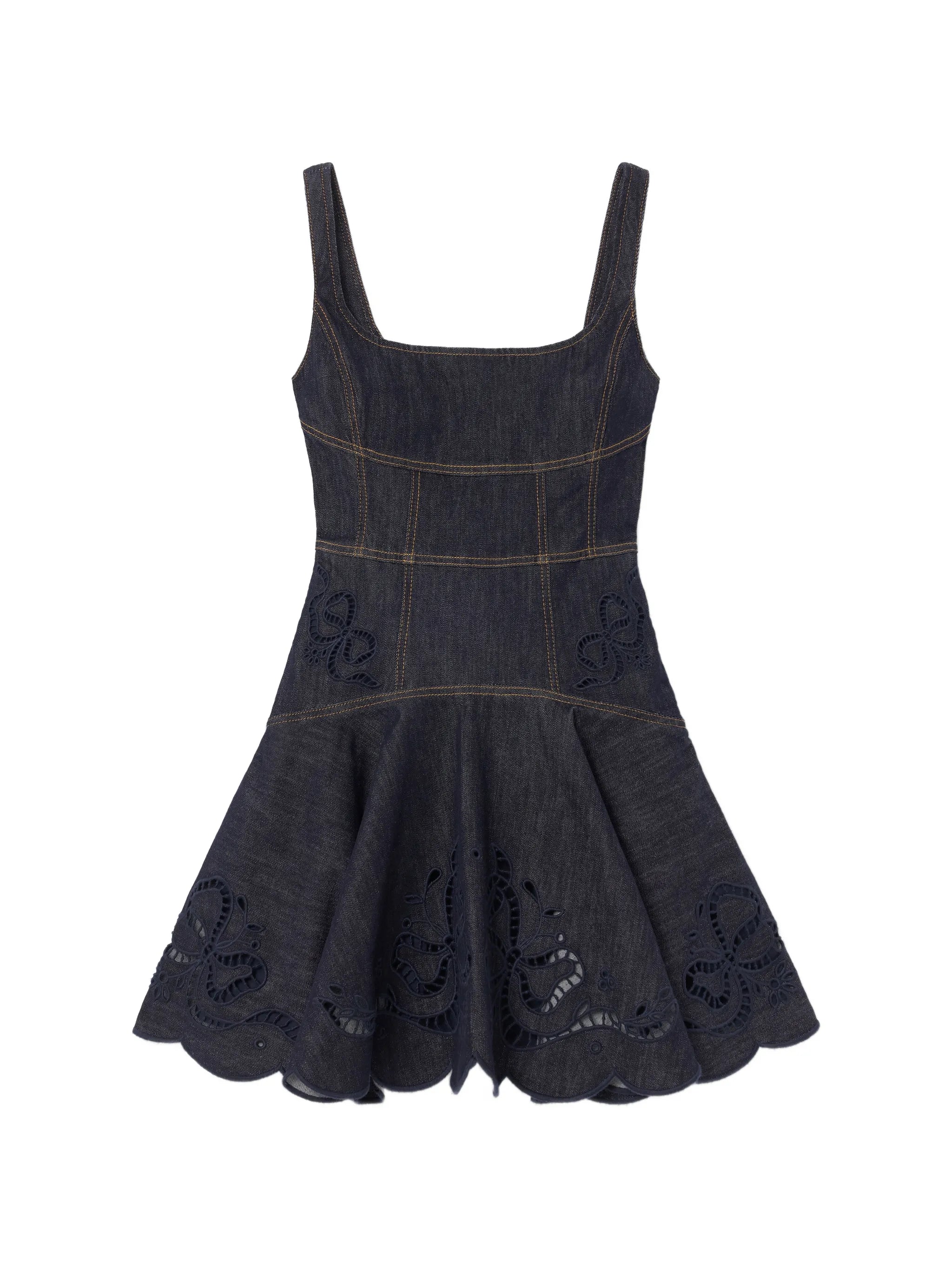indigo denim bow-embroidered mini dress