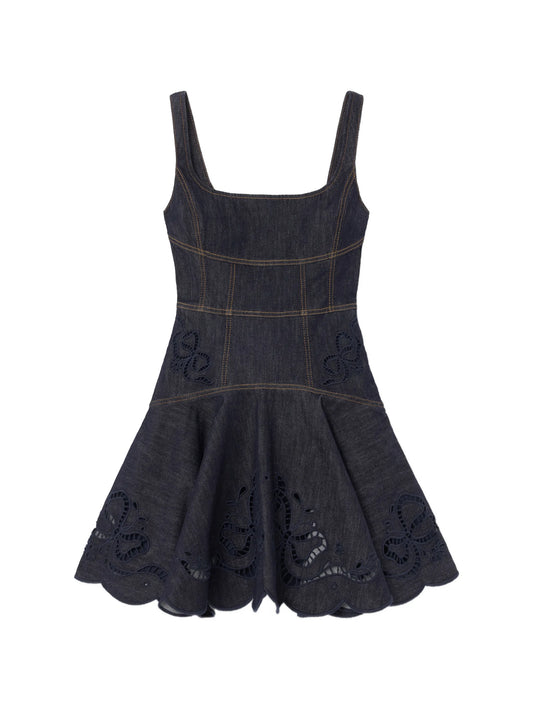 indigo denim bow-embroidered mini dress