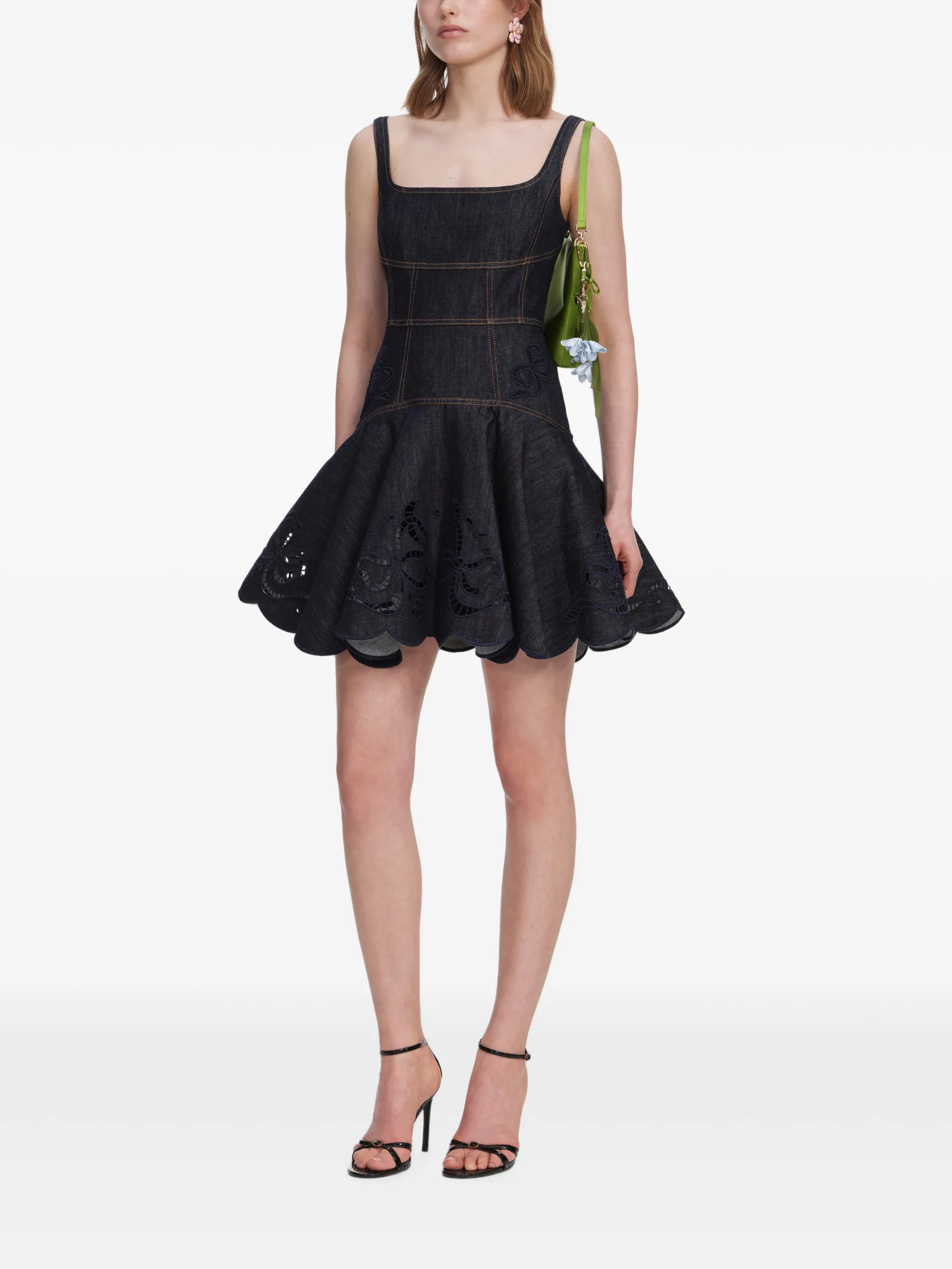 indigo denim bow-embroidered mini dress