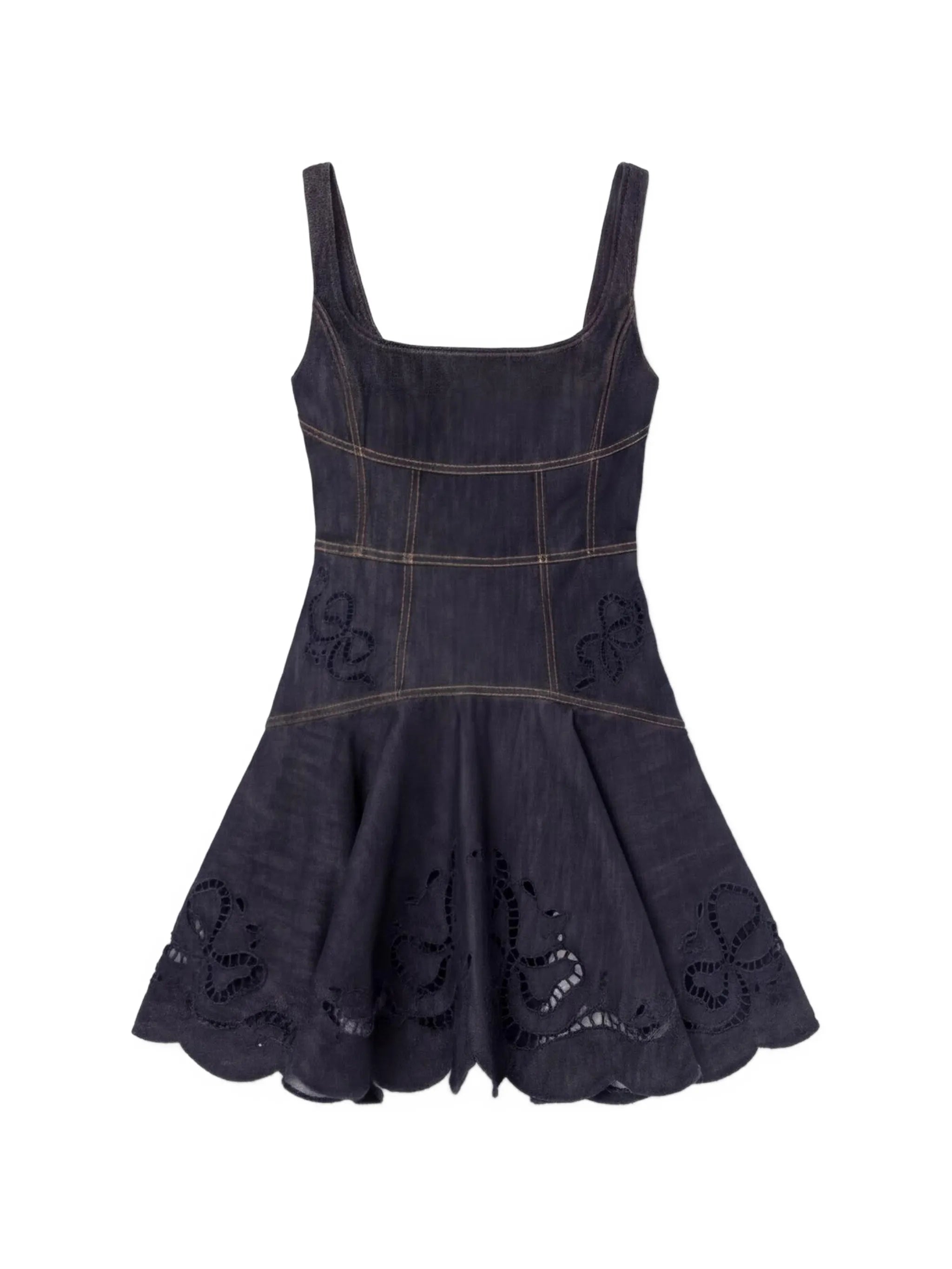 indigo denim bow-embroidered mini dress