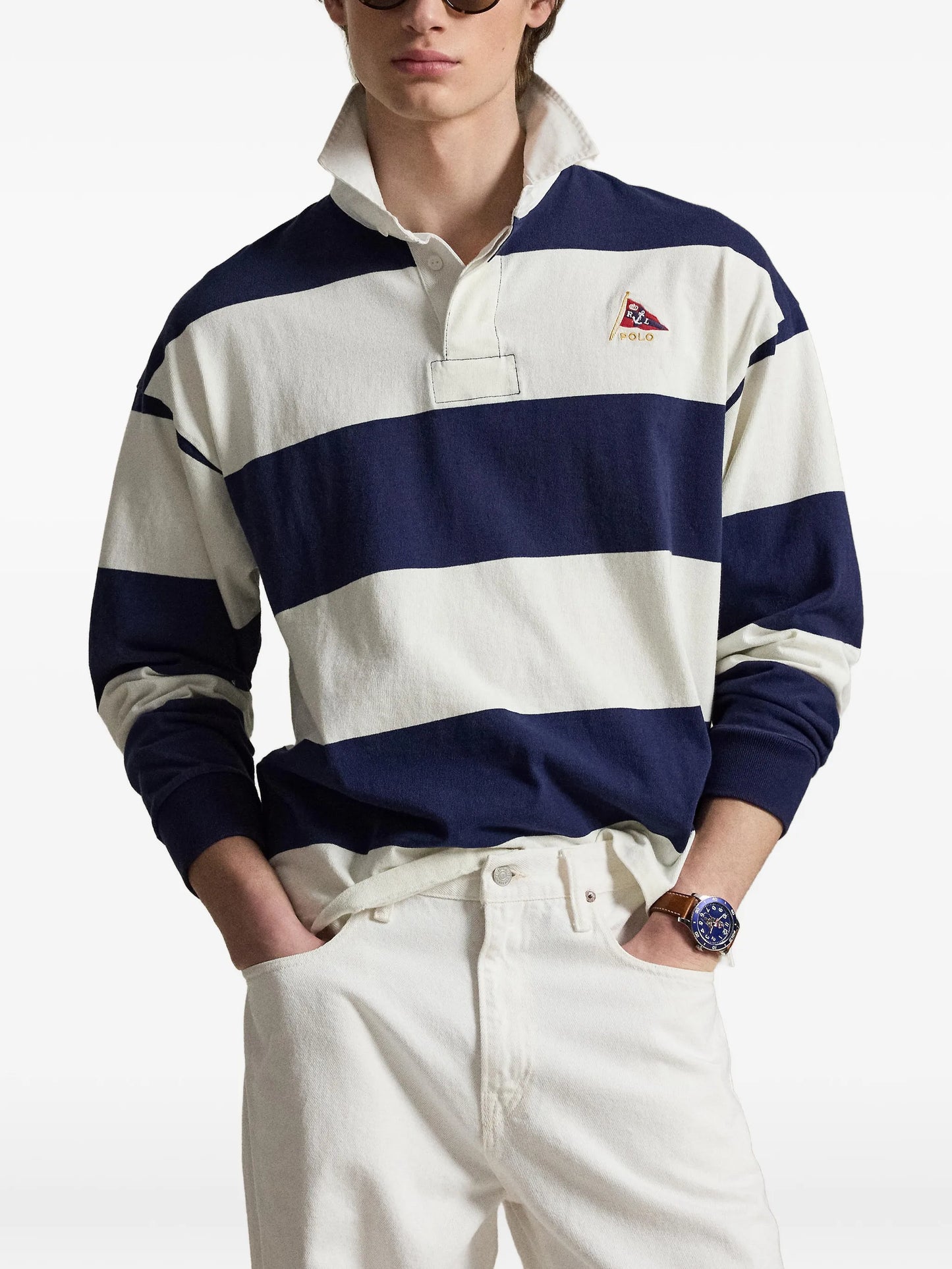 striped embroidered rugby polo shirt