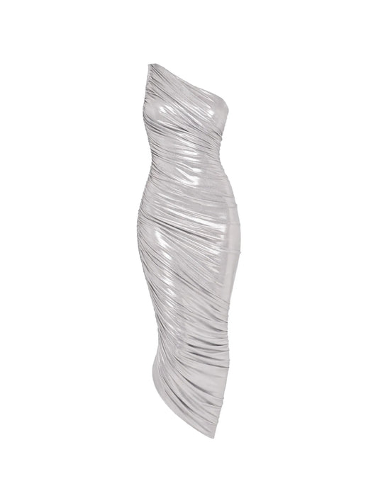 one-shoulder draped dress