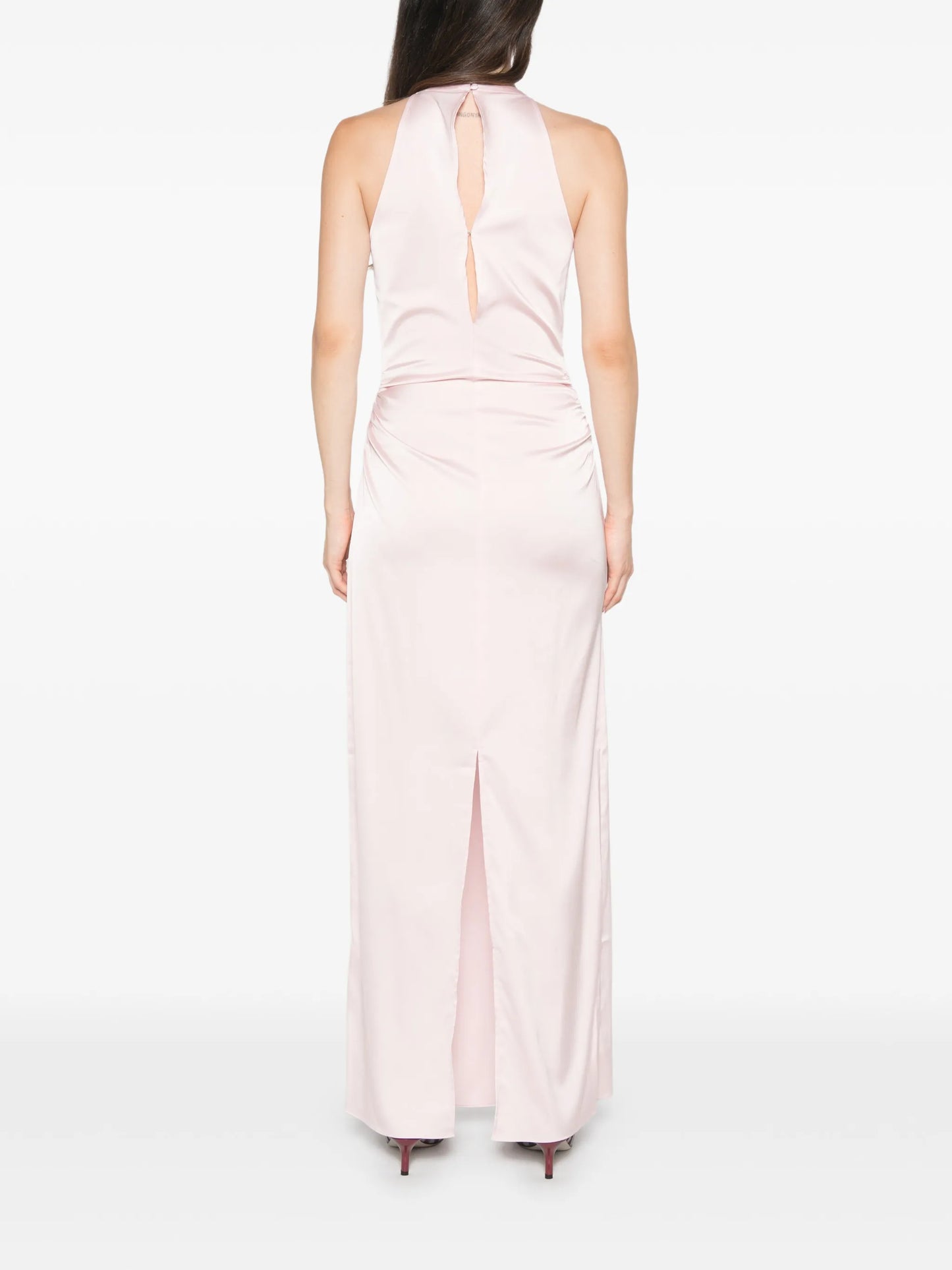 halterneck ruched maxi dress