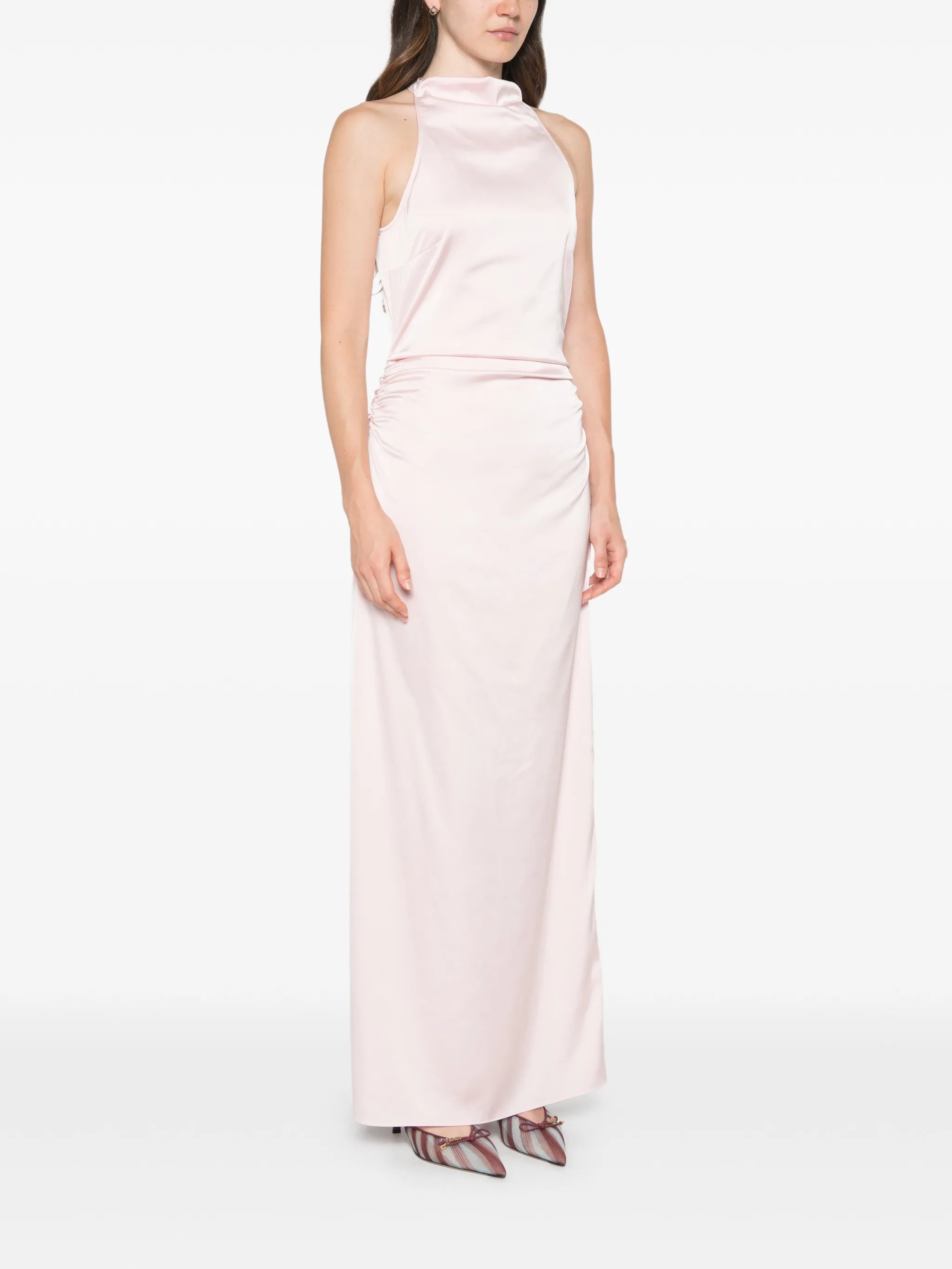 halterneck ruched maxi dress