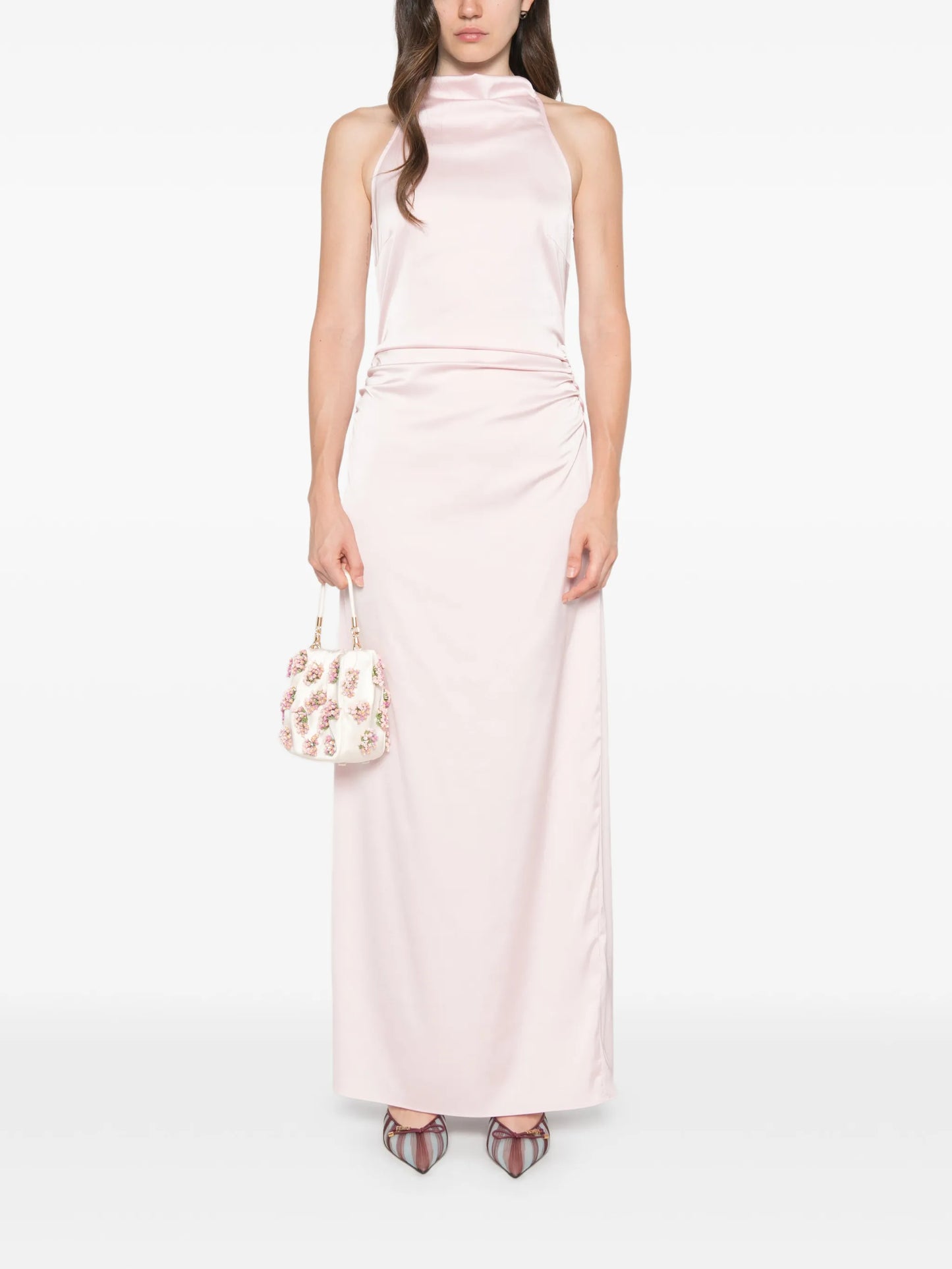 halterneck ruched maxi dress