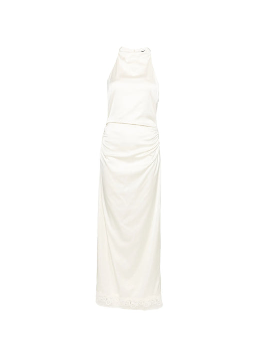 lace-trim ruched maxi dress