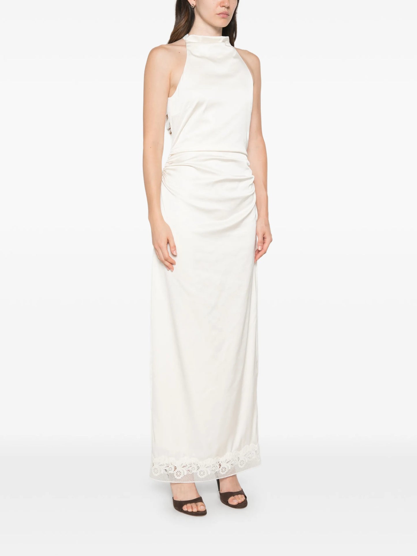 lace-trim ruched maxi dress