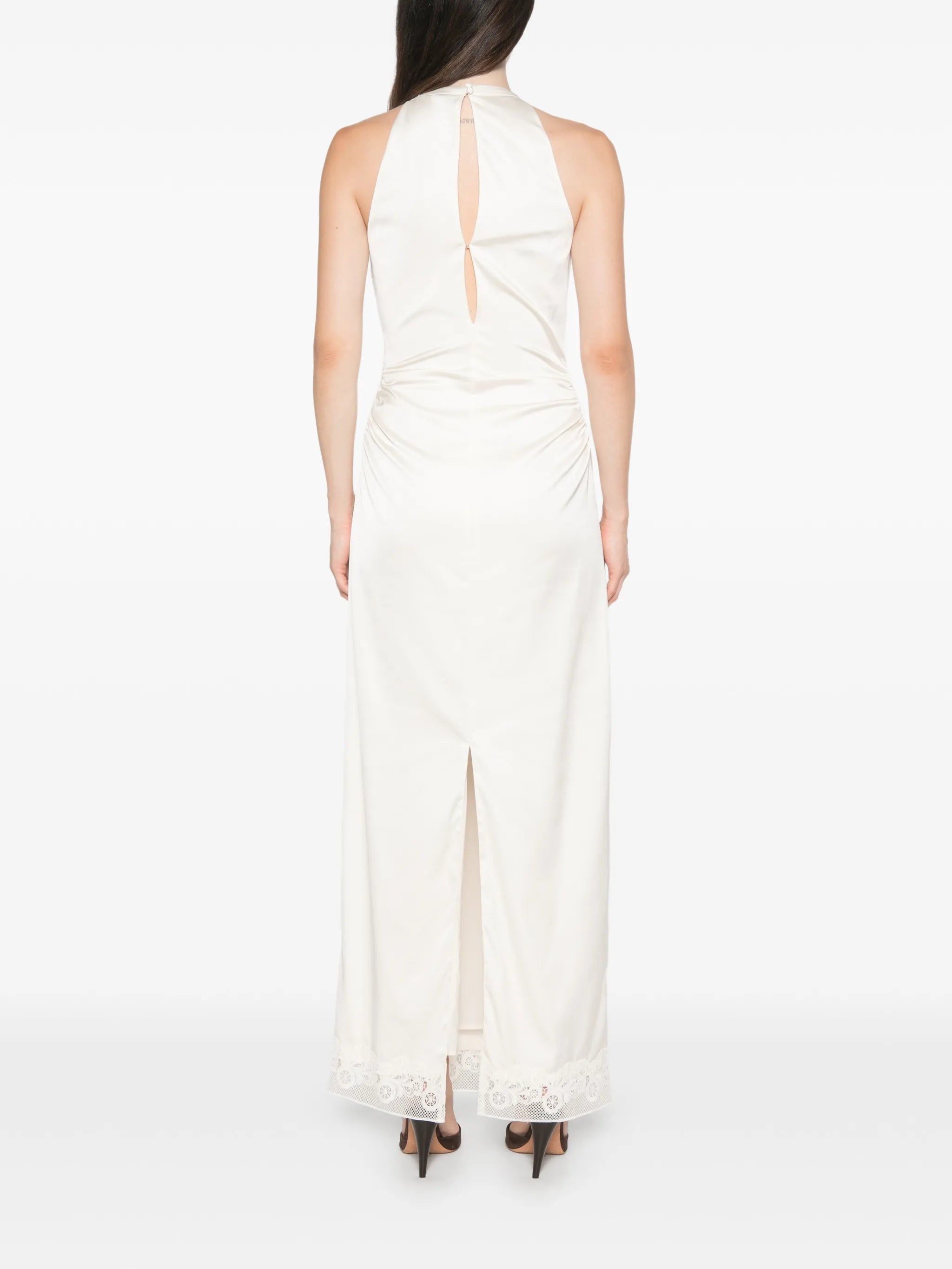 lace-trim ruched maxi dress