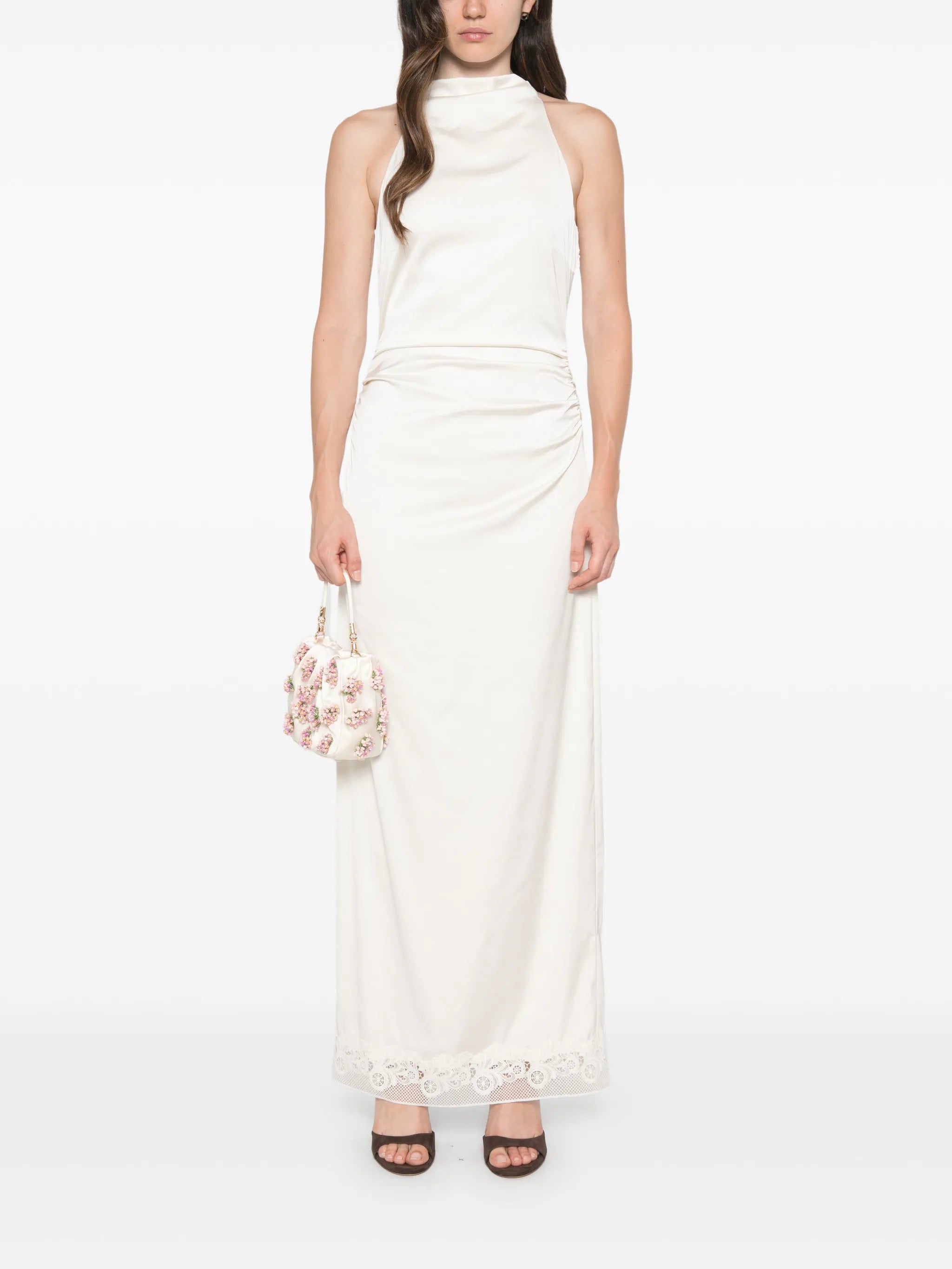 lace-trim ruched maxi dress