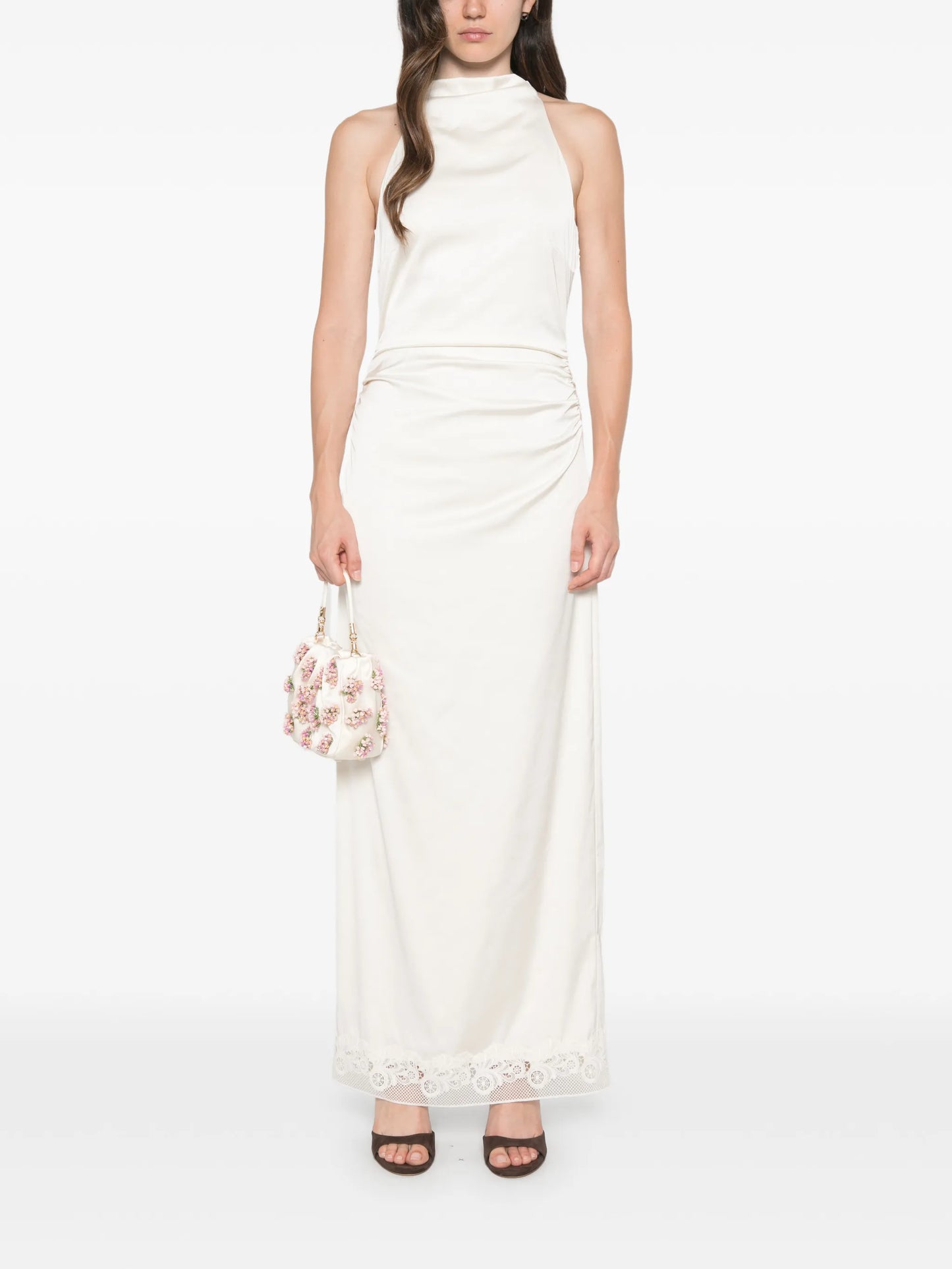 lace-trim ruched maxi dress