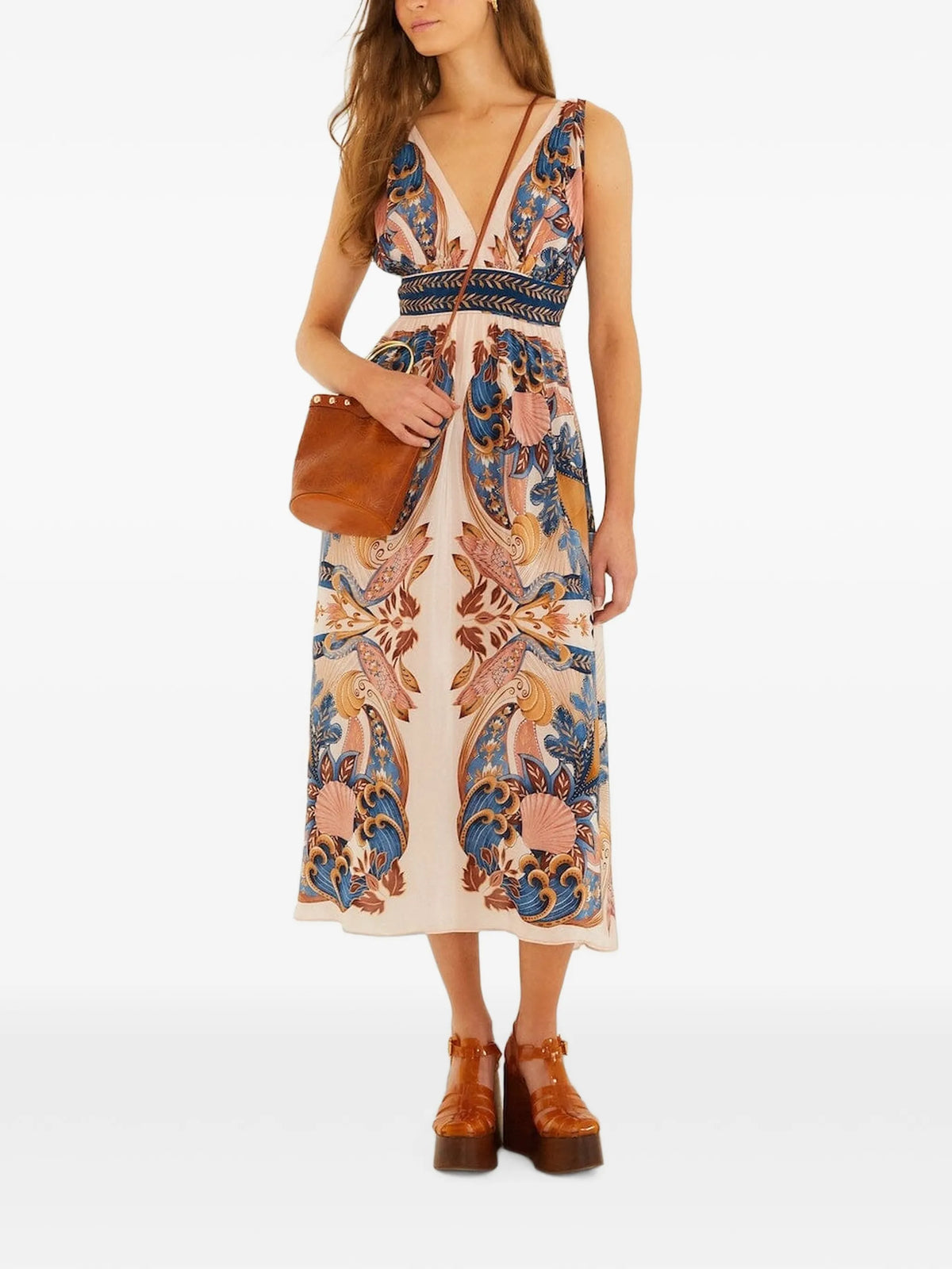 garden scarf V-neck midi dress
