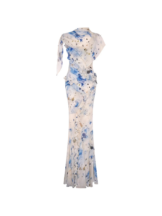 romantic ruffle dress ocean veil print