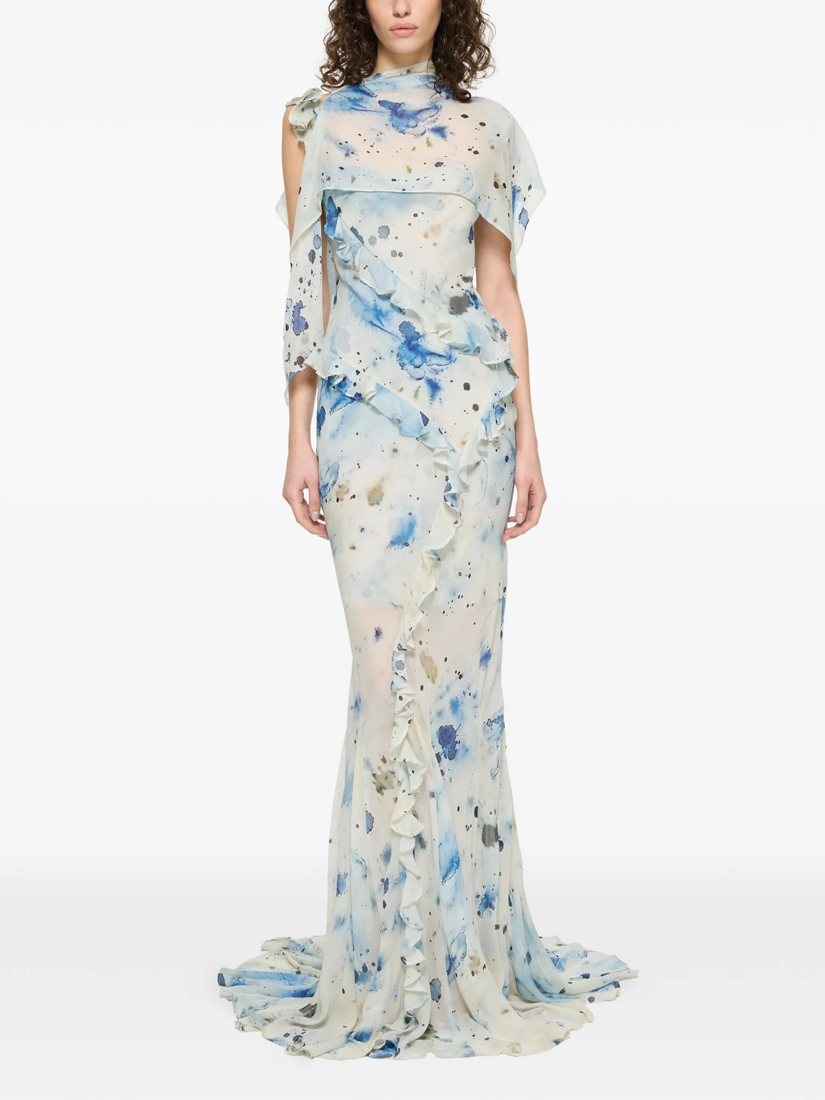romantic ruffle dress ocean veil print