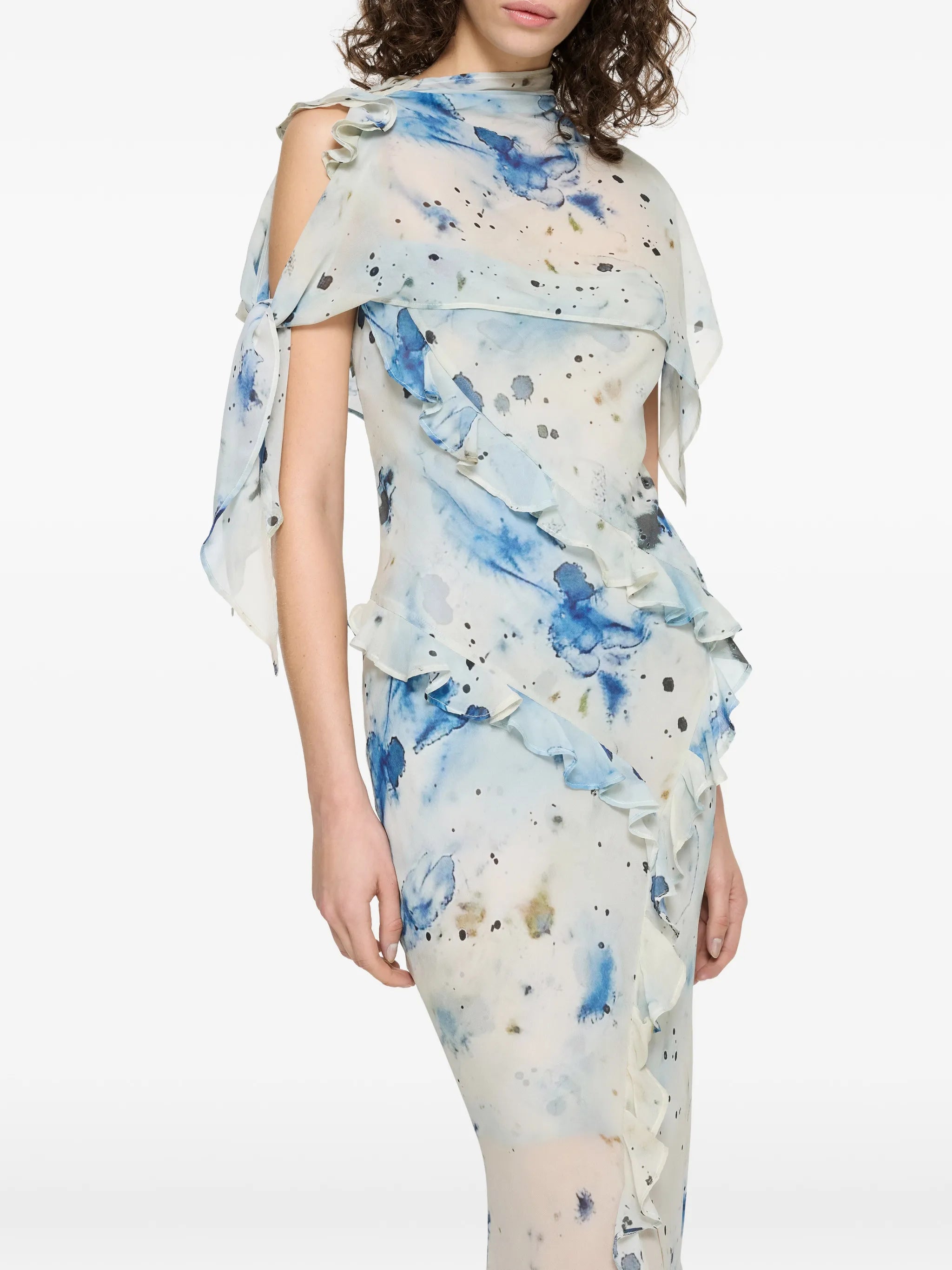 romantic ruffle dress ocean veil print