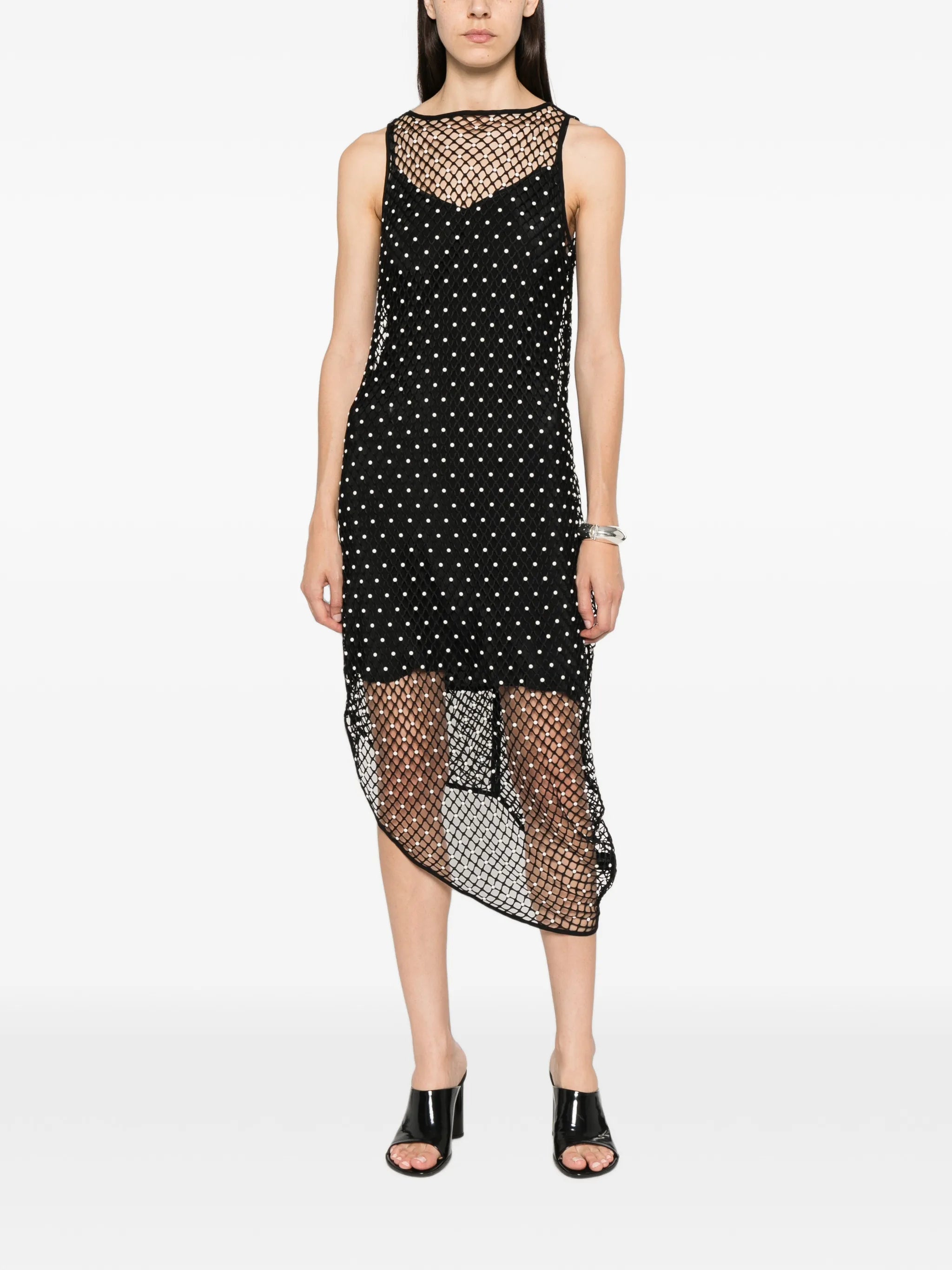 pearl-embellished asymmetric midi dress