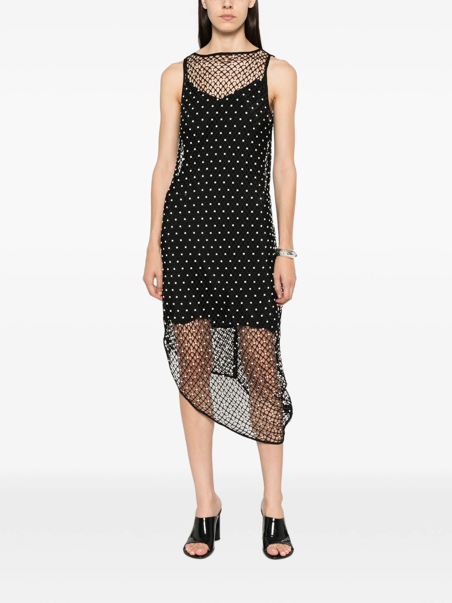 pearl-embellished asymmetric midi dress