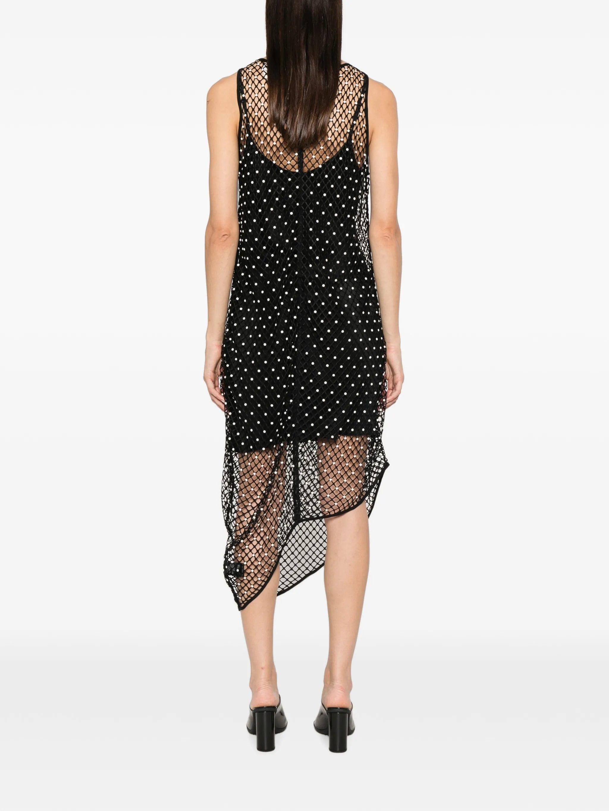 pearl-embellished asymmetric midi dress