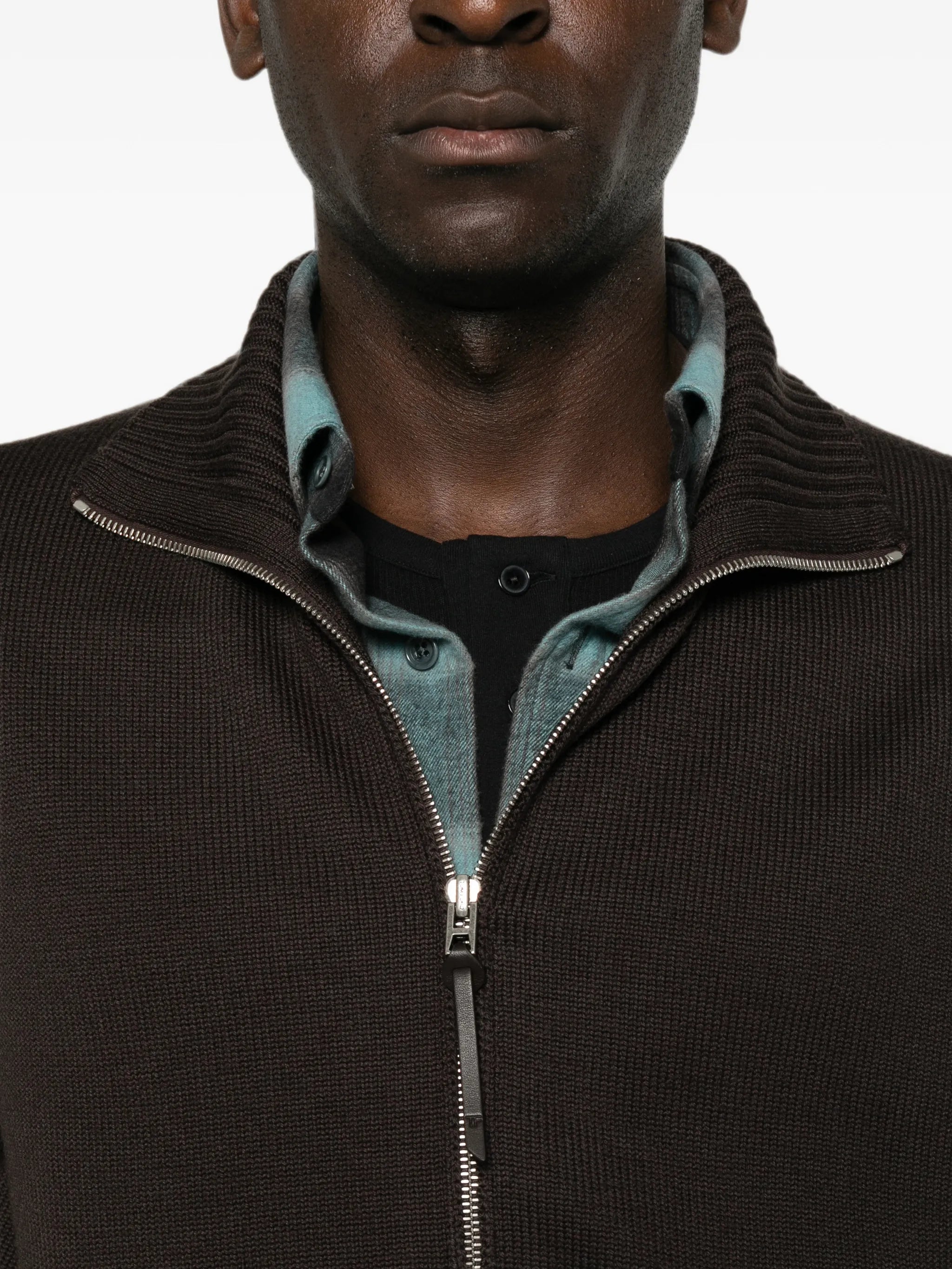 leather-elbow patch zip-fastening cardigan