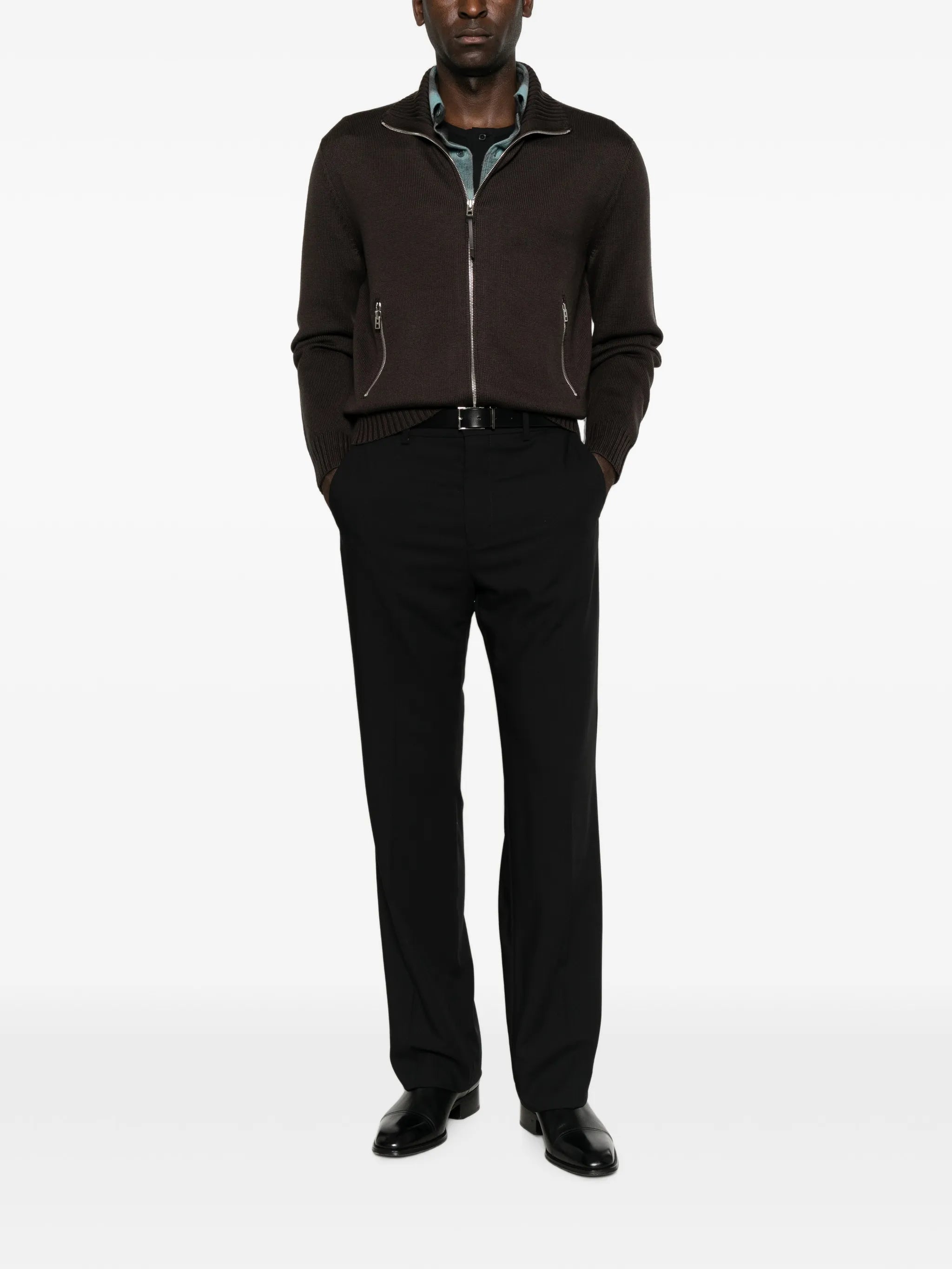 leather-elbow patch zip-fastening cardigan