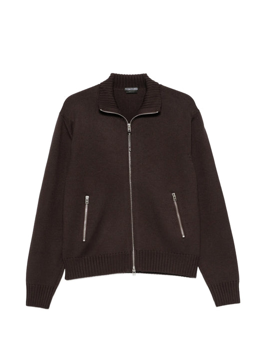 leather-elbow patch zip-fastening cardigan