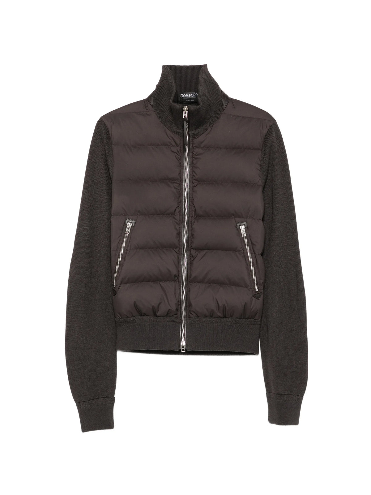 nylon down front merino zip-through sweater