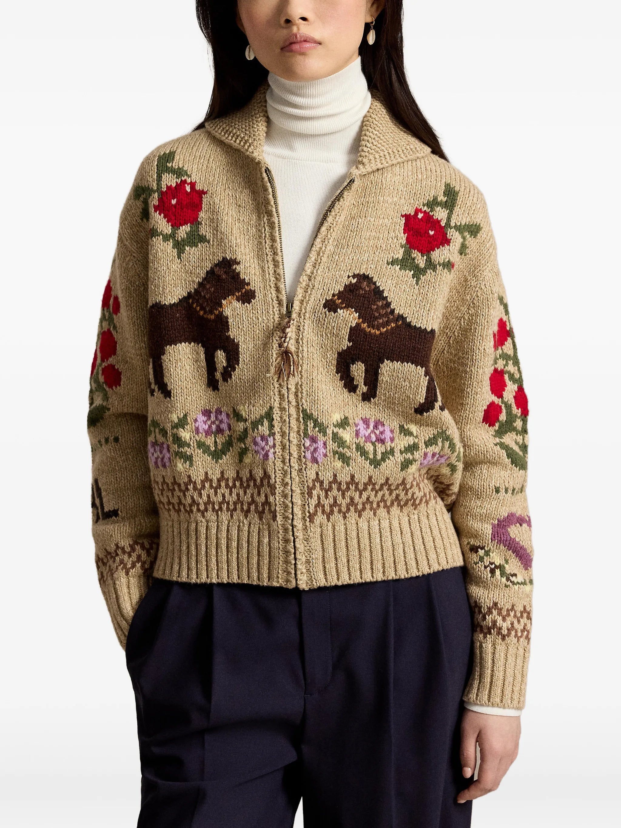 intarsia-knit shawl-collar cardigan