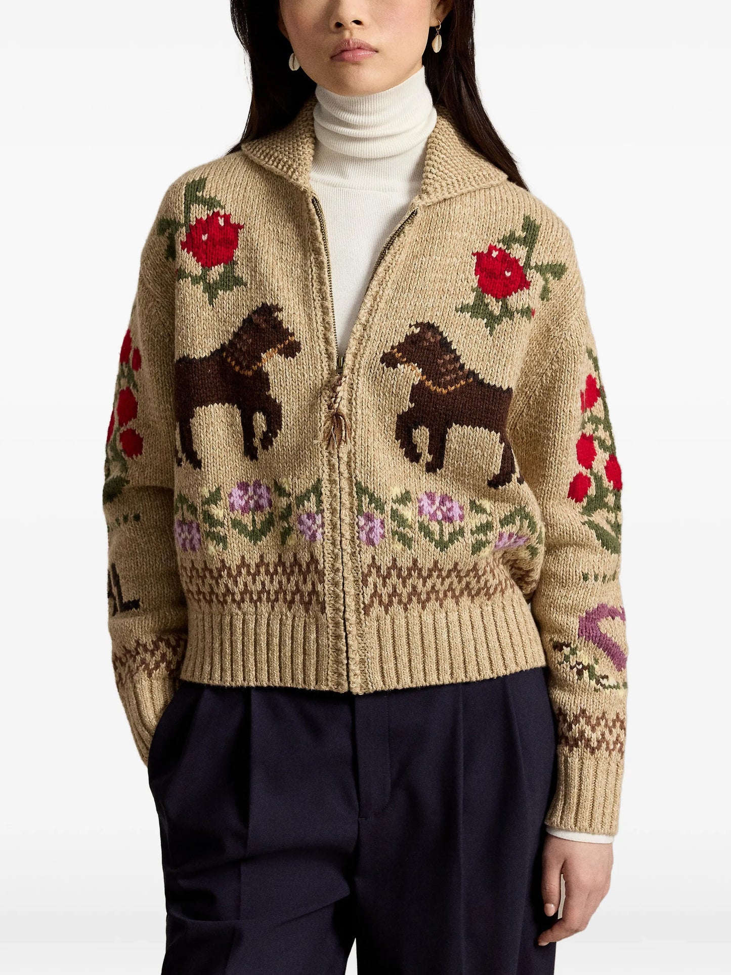 intarsia-knit shawl-collar cardigan