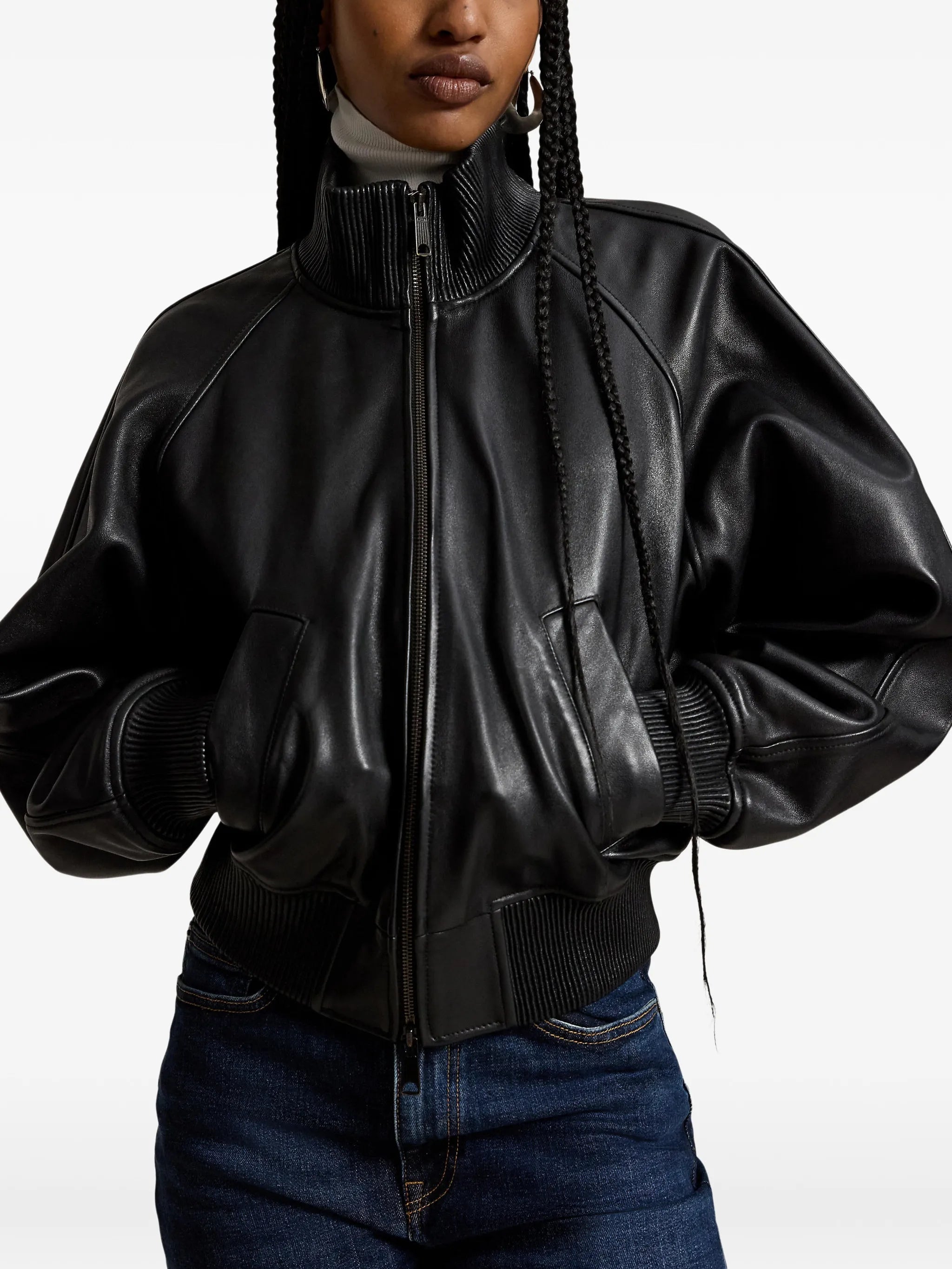 ribbed-trim leather jacket