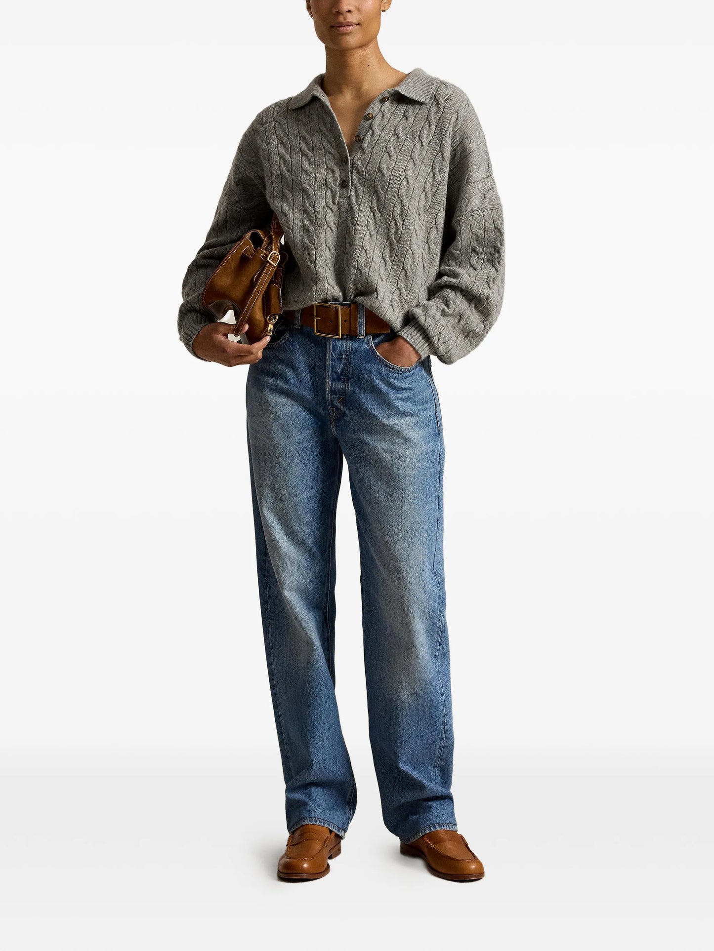 cable-knit polo-collar sweater