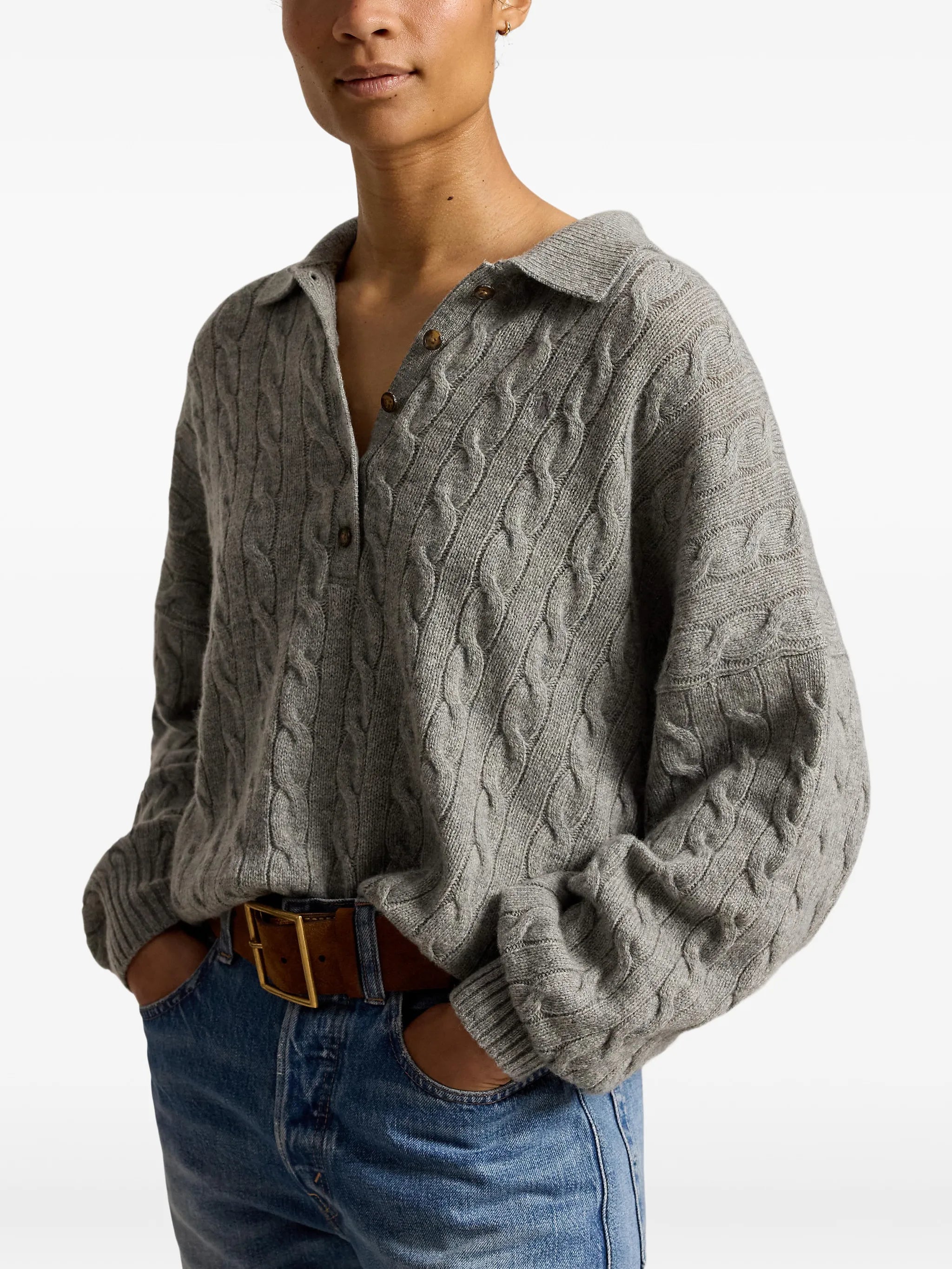 cable-knit polo-collar sweater