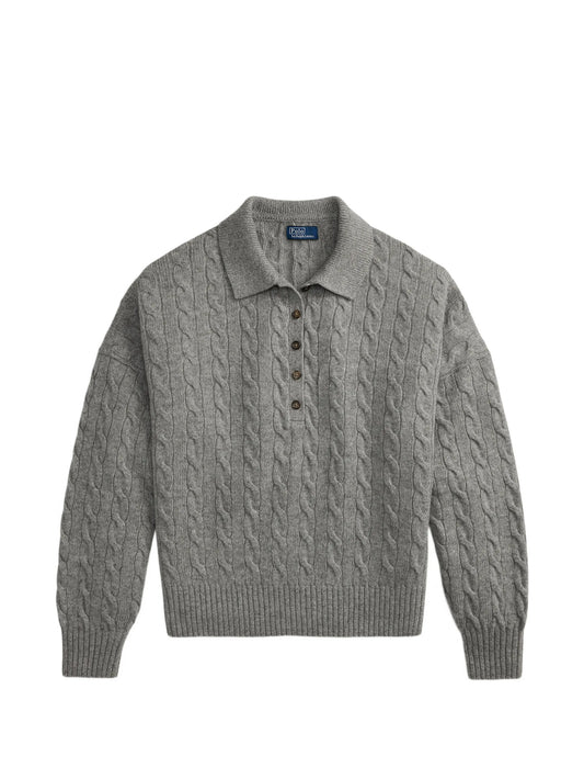 cable-knit polo-collar sweater