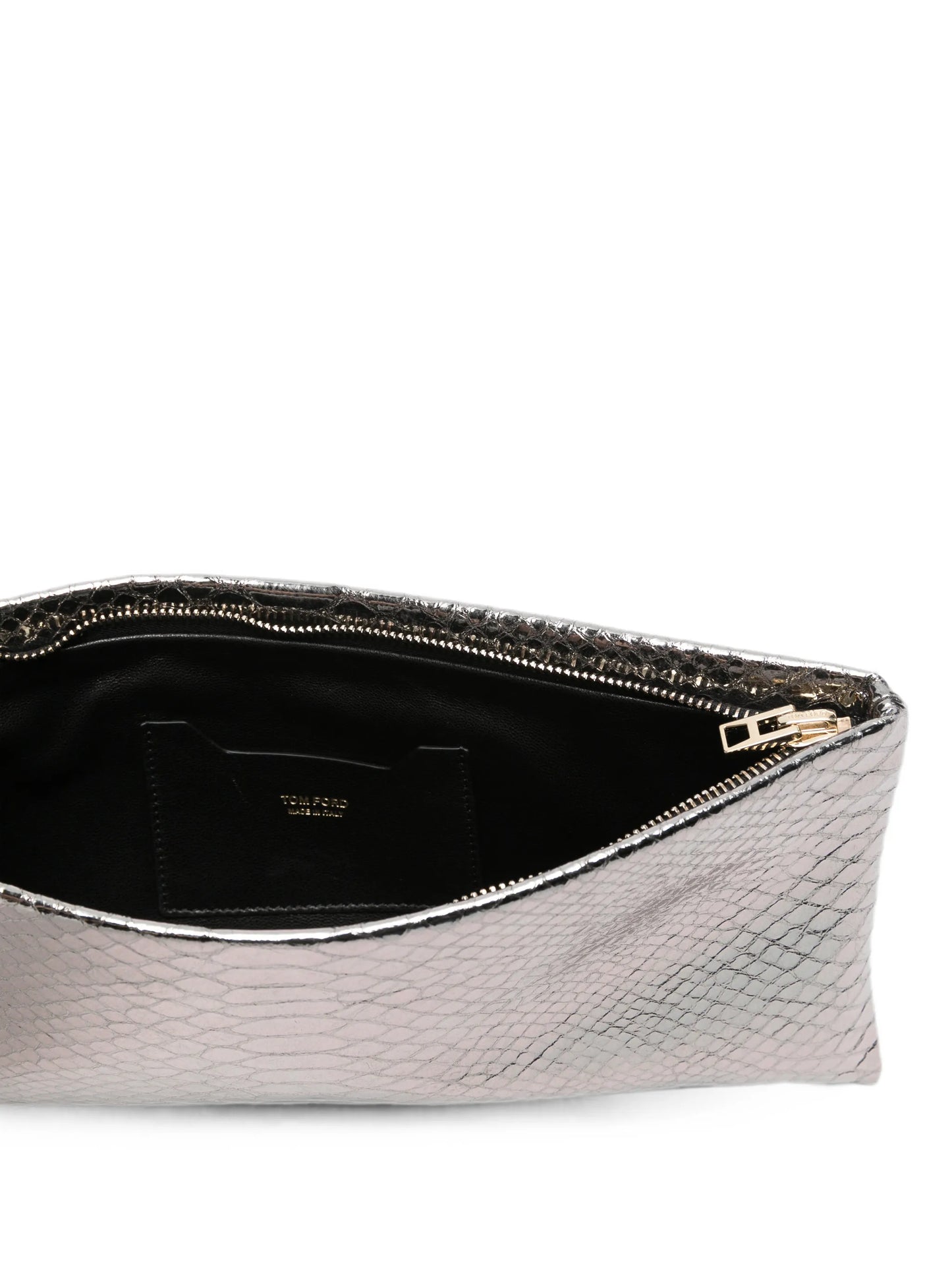 laminated snakeskin-effect clutch bag