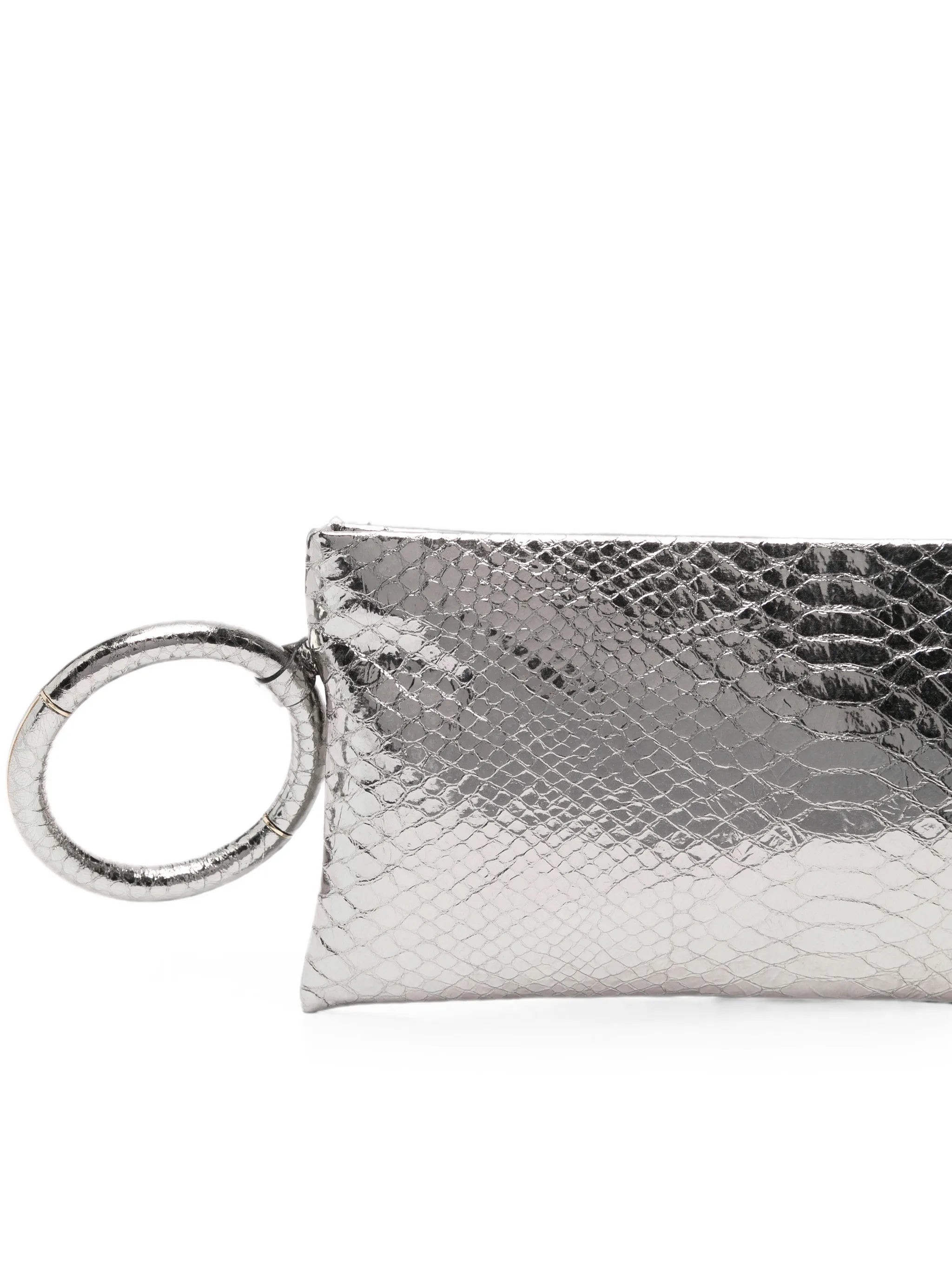 laminated snakeskin-effect clutch bag