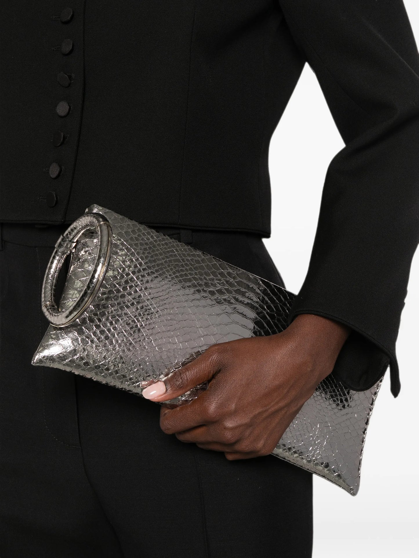 laminated snakeskin-effect clutch bag