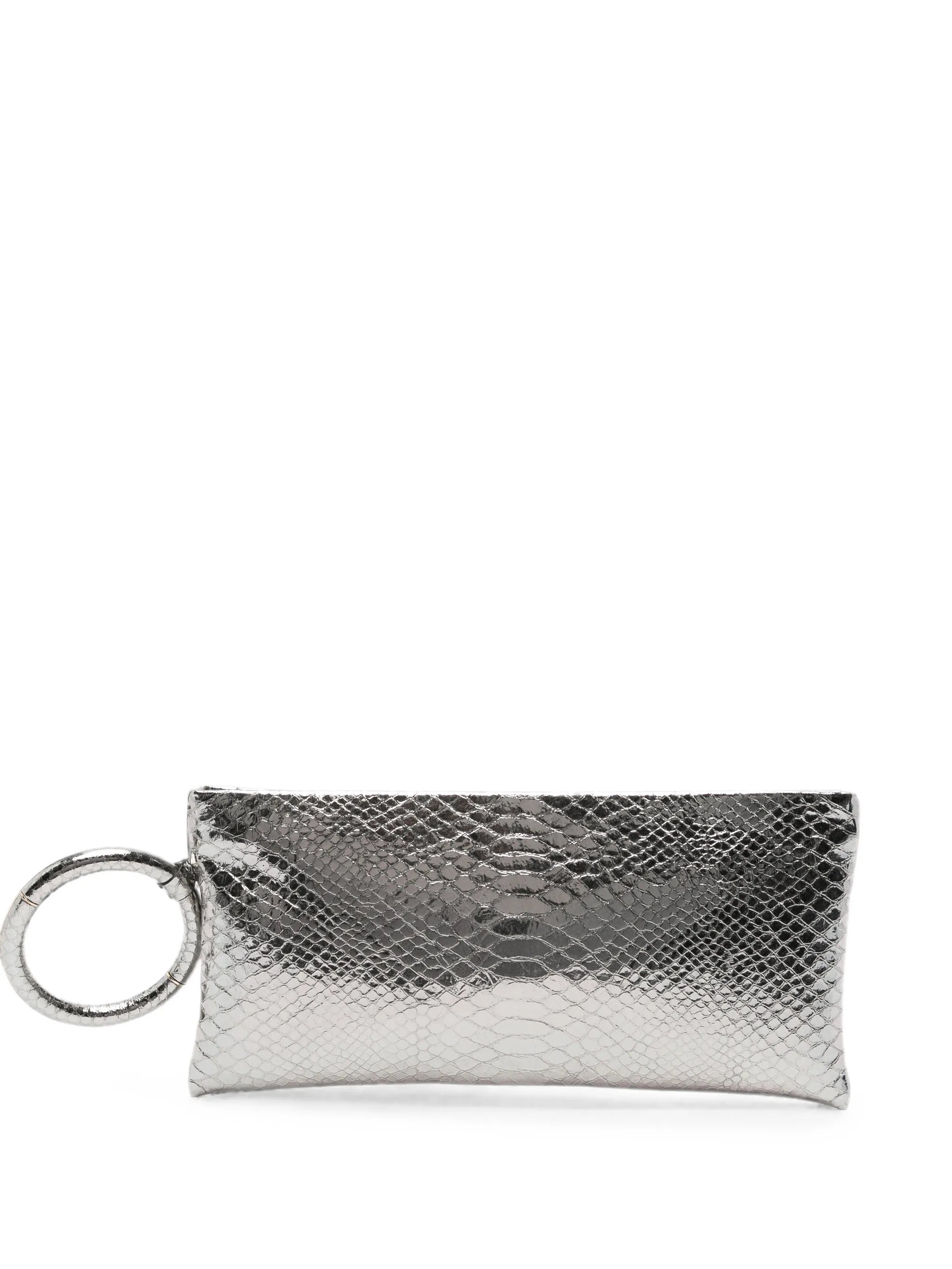 laminated snakeskin-effect clutch bag