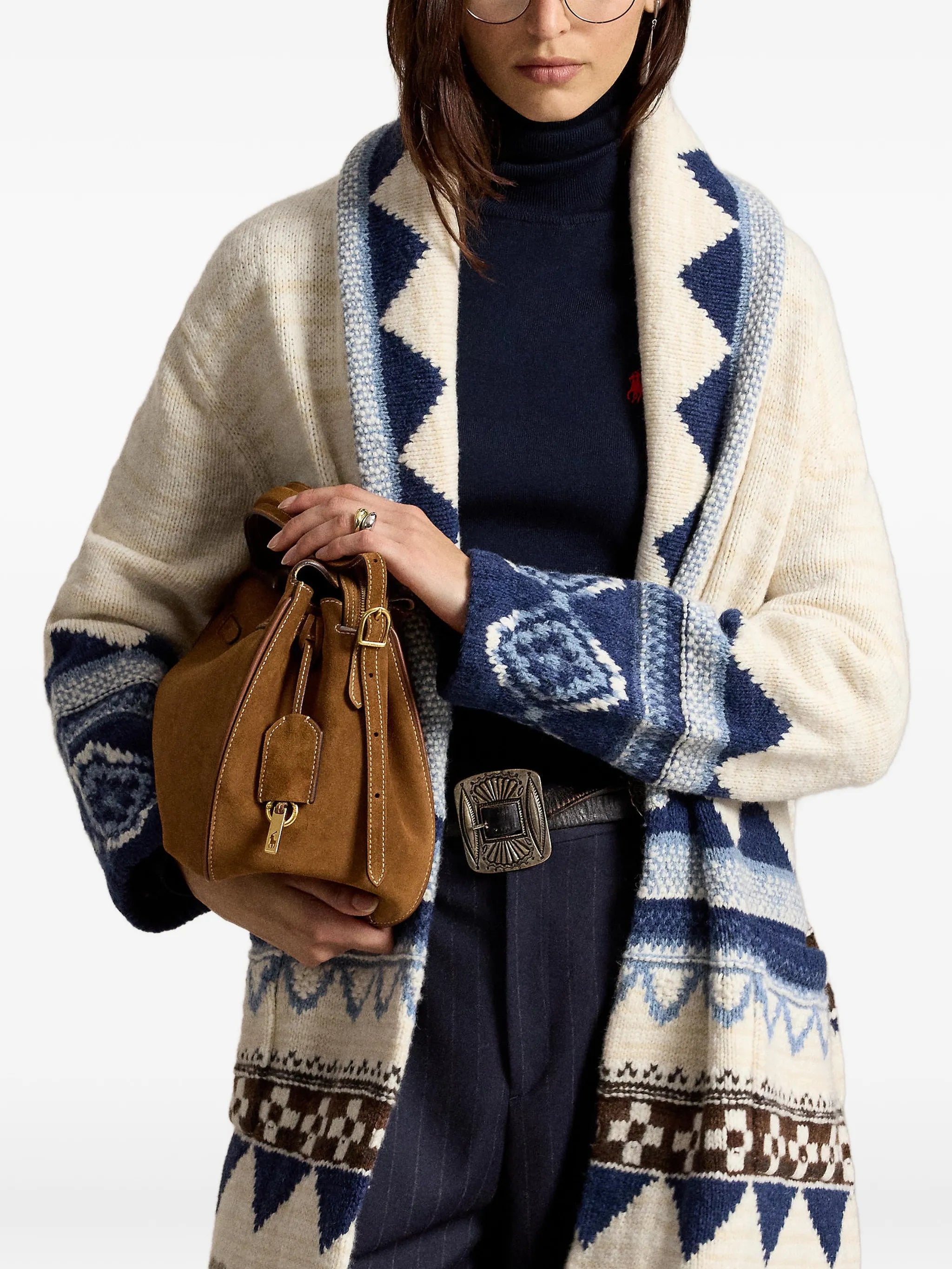geometric-pattern belted cardigan