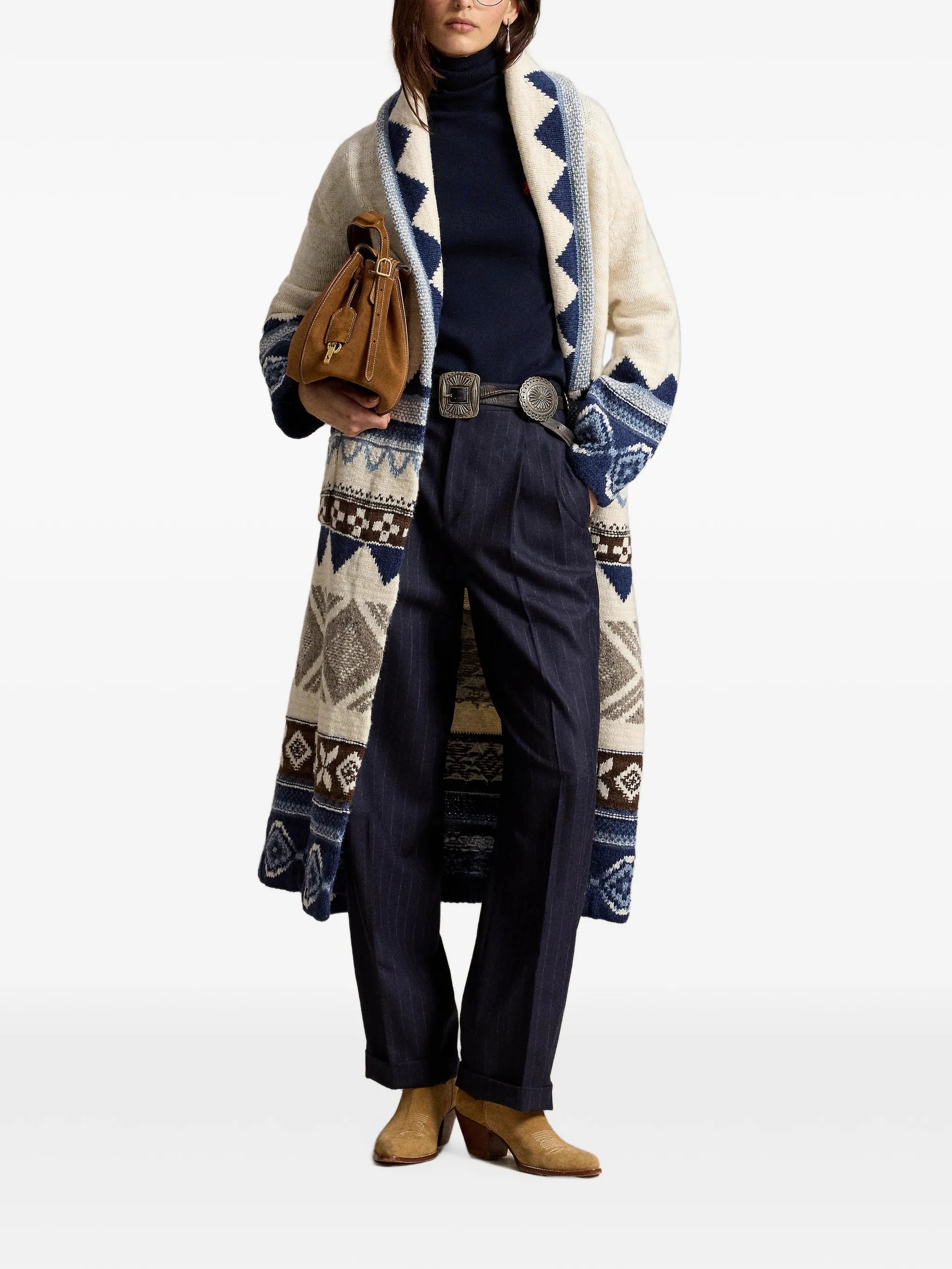 geometric-pattern belted cardigan