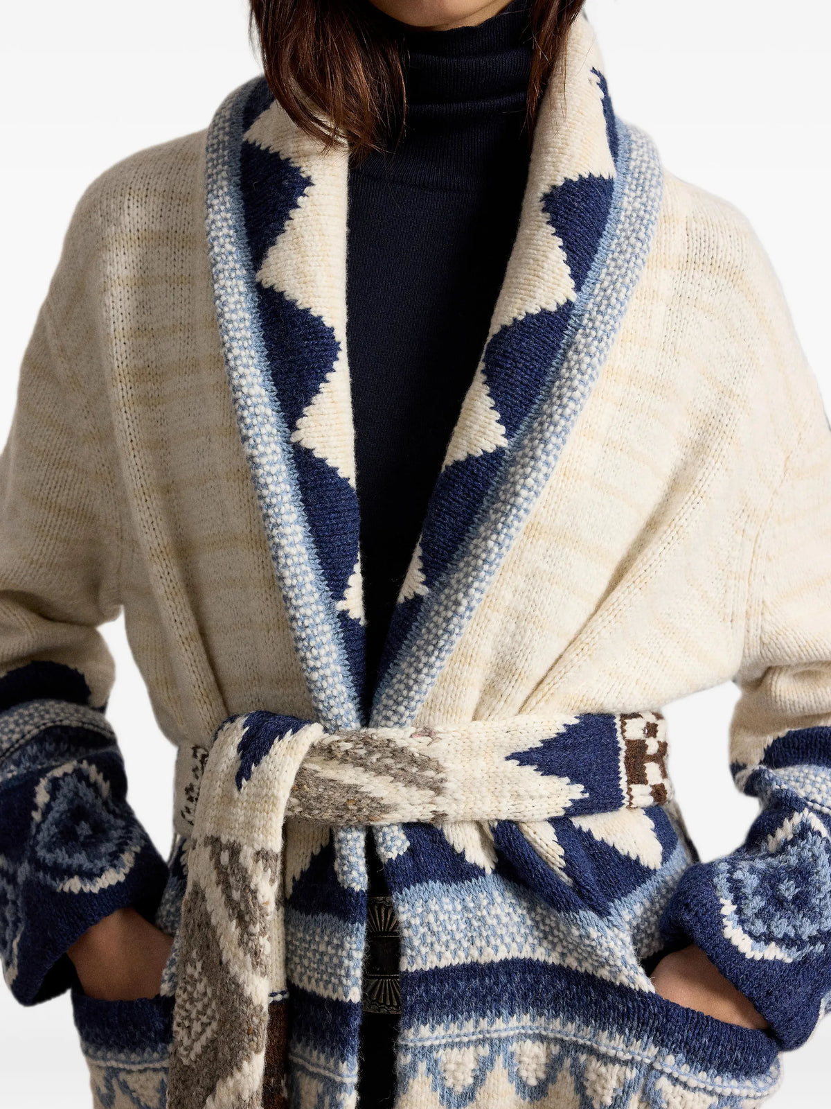geometric-pattern belted cardigan