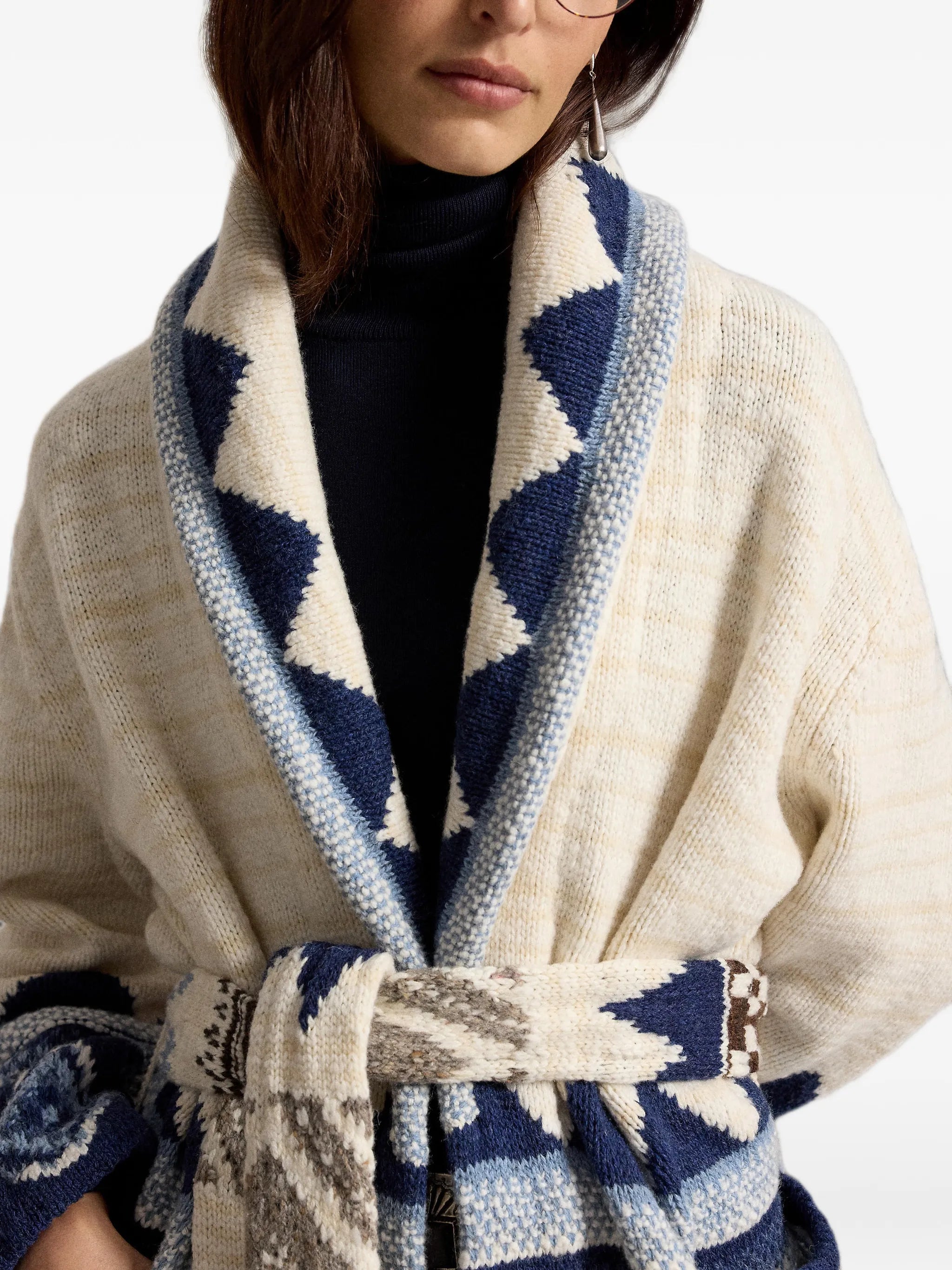geometric-pattern belted cardigan