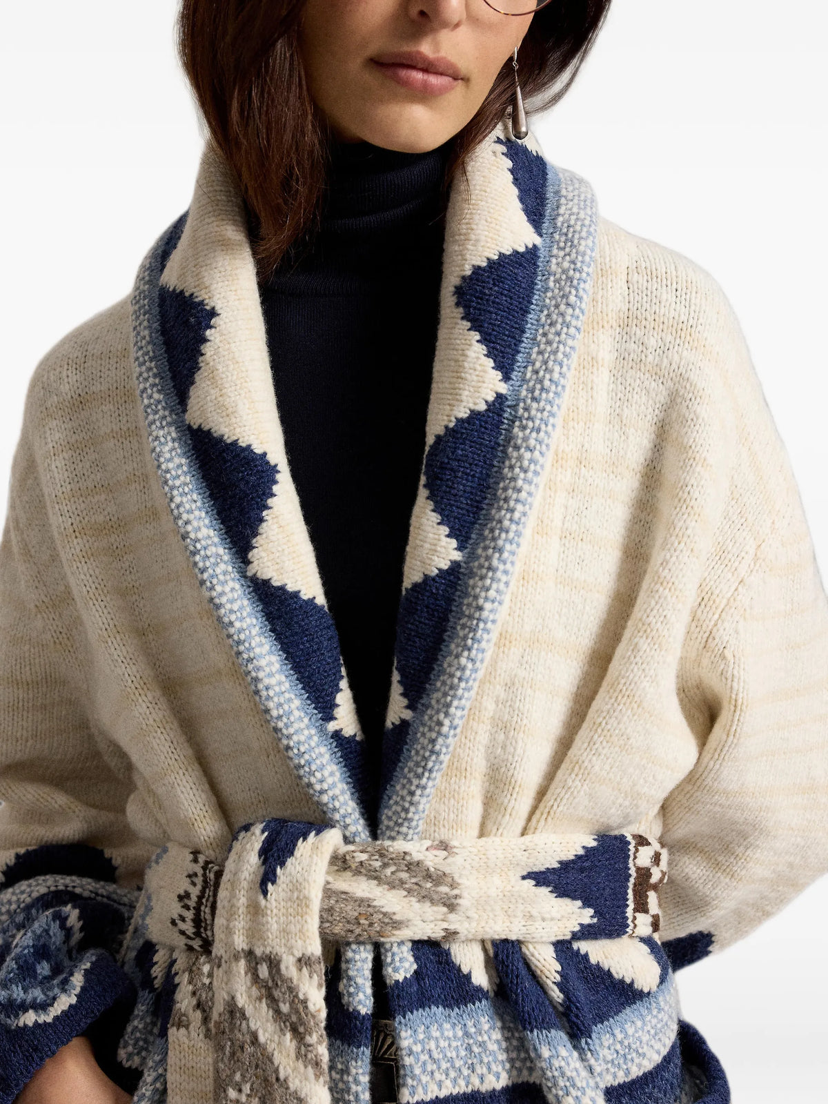 geometric-pattern belted cardigan