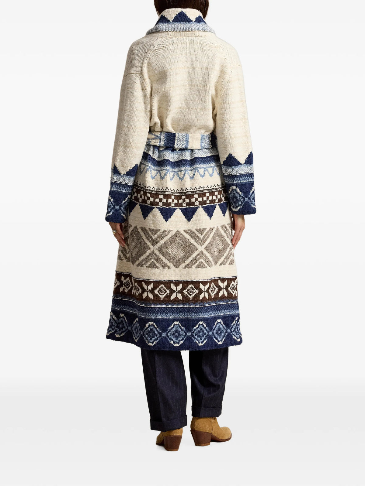 geometric-pattern belted cardigan